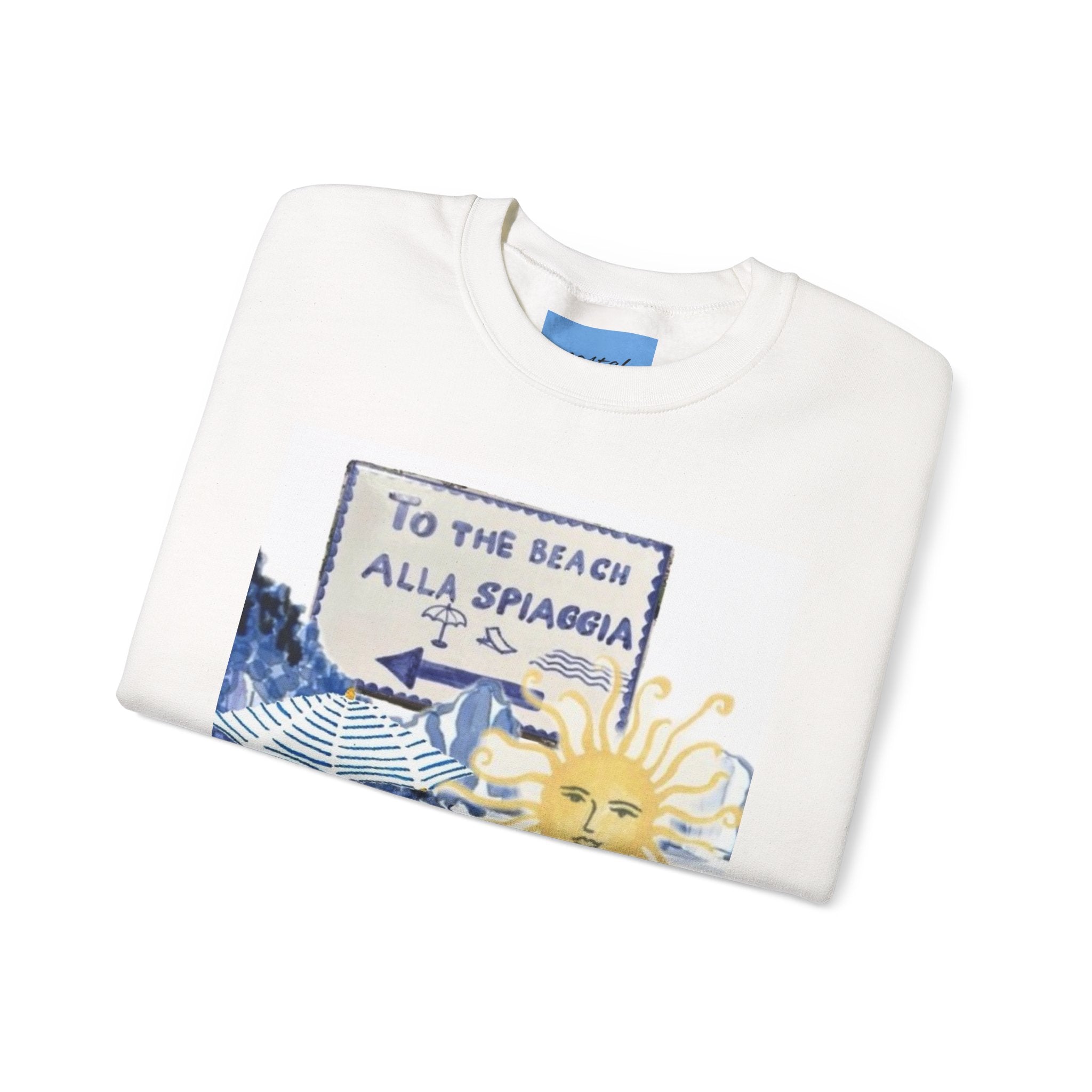 Beach Road Crewneck Sweatshirt — 'To the Beach / Alla Spiaggia' Vintage Sun Graphic