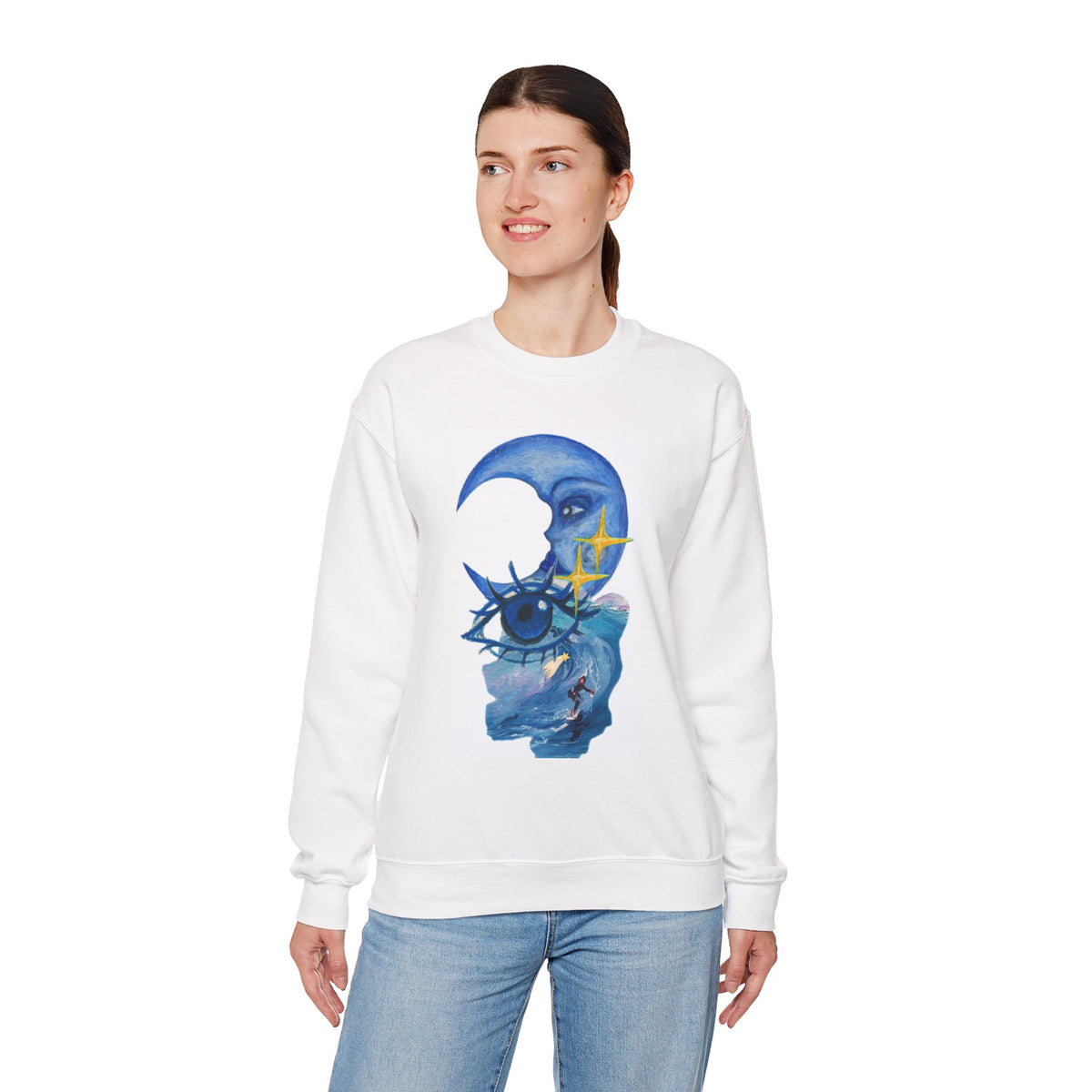 Moon Eye Crewneck Sweatshirt — Surreal Blue Moon & Eye Graphic