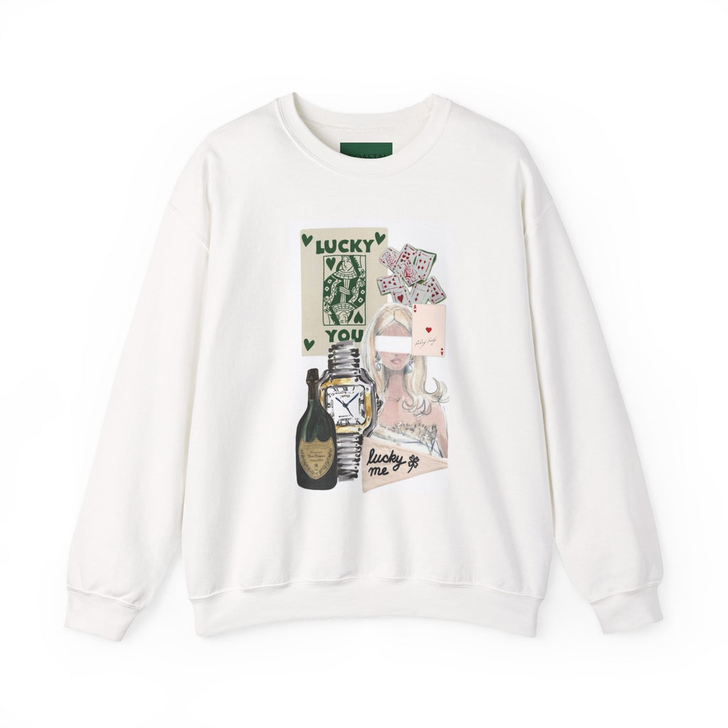 Lucky Me Crewneck Sweatshirt — Feminine Collage Graphic with 'Lucky Me, XOXO' Back