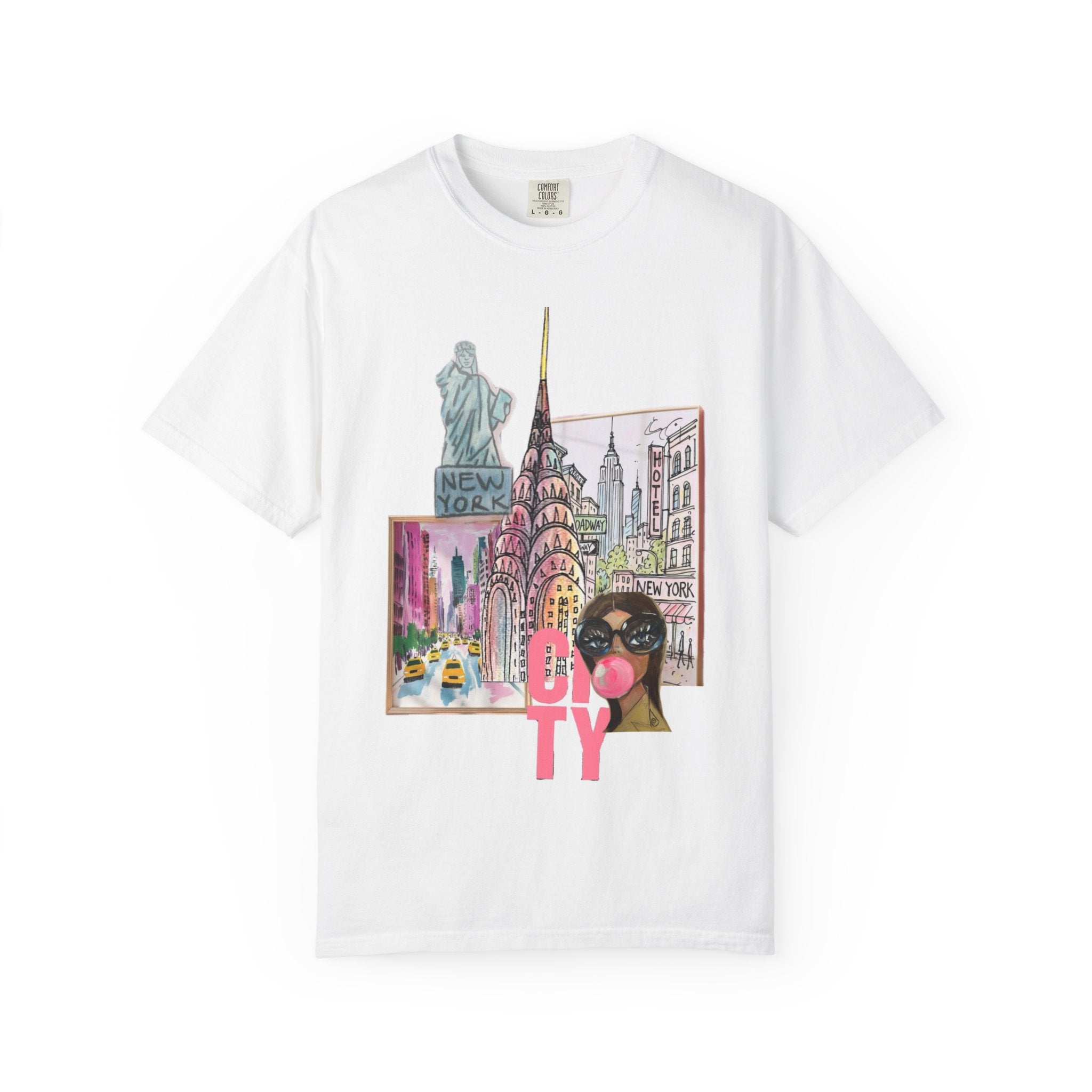 NYC Cityscape—Graphic Tee with 'CITY' Pink Script