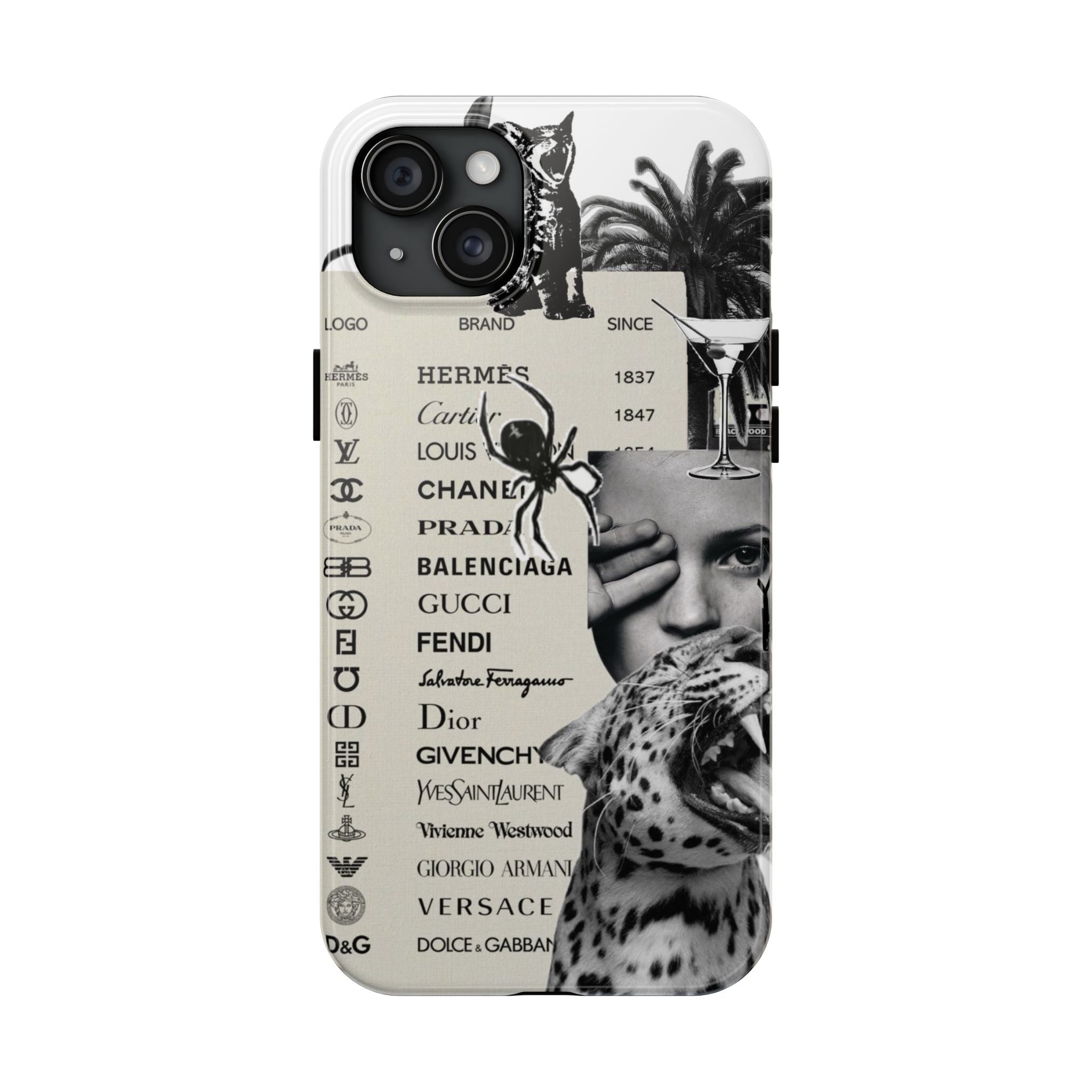 Designer Collage Tough Phone Case — Luxury Logos, Palm Trees & Leopard Art