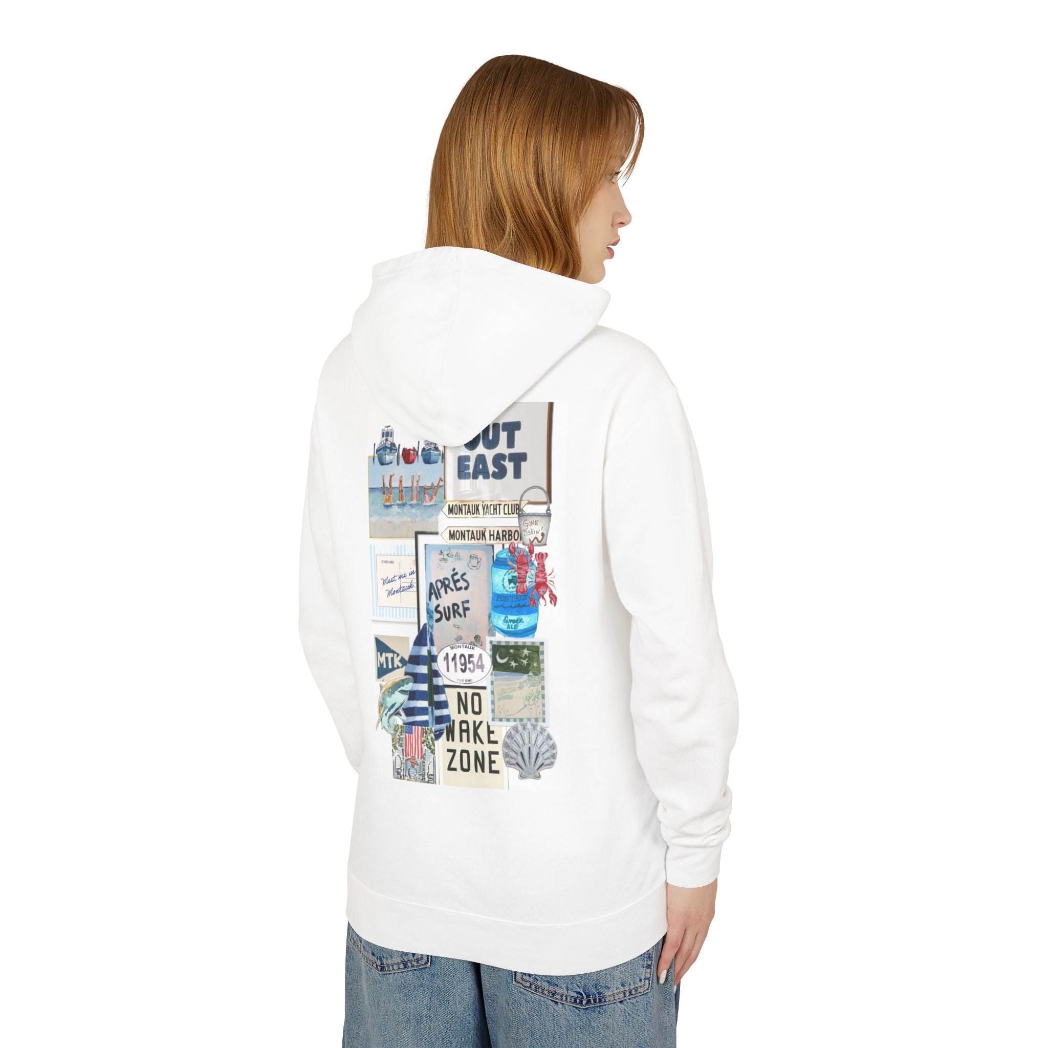 Coastal Collage Hoodie — 'Out East' Surf & No Wake Zone Graphic