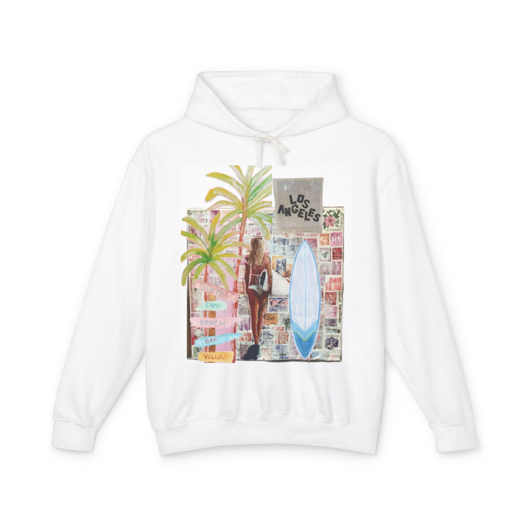 Los Angeles Surf Collage Hoodie — Palm Tree & Surfboard Graphic Pullover