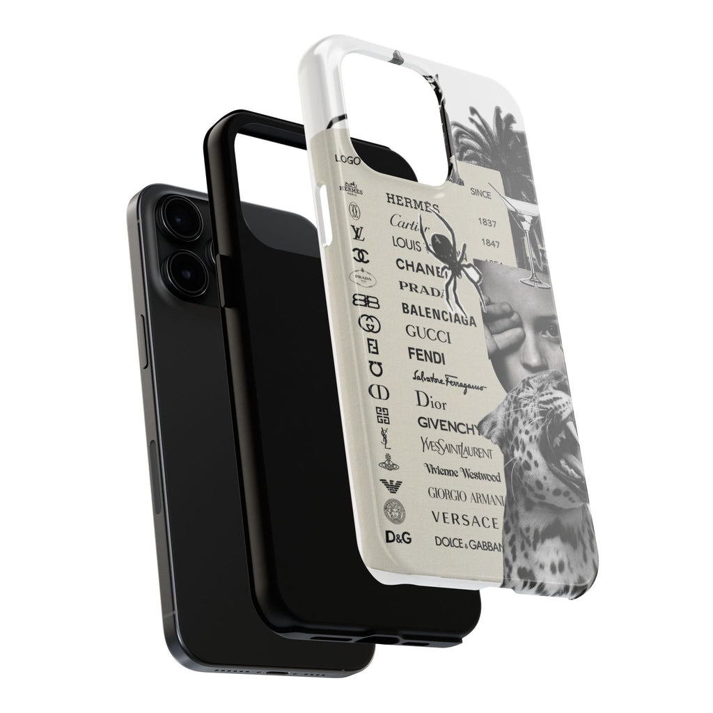 Designer Collage Tough Phone Case — Luxury Logos, Palm Trees & Leopard Art