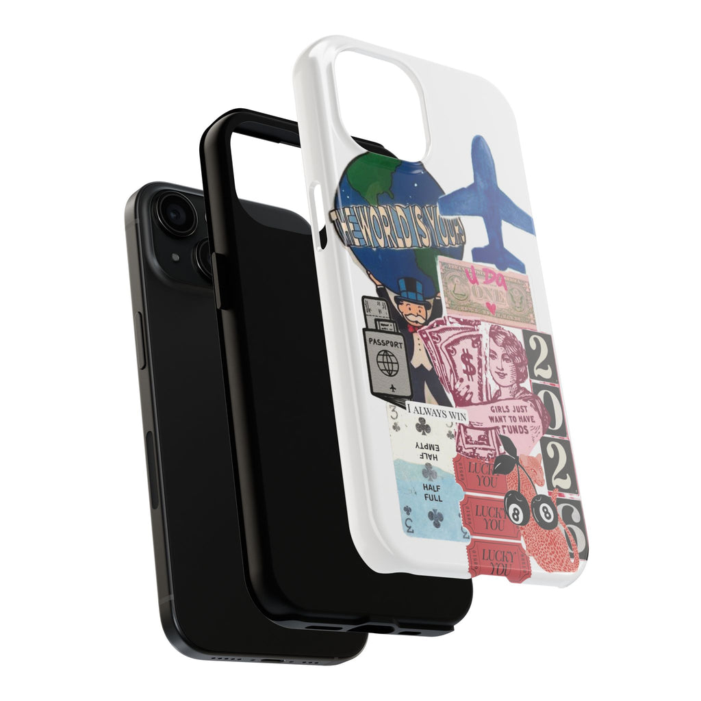 Tough Phone Case — Travel Collage Design with Plane, Passport & 2026 Graphics