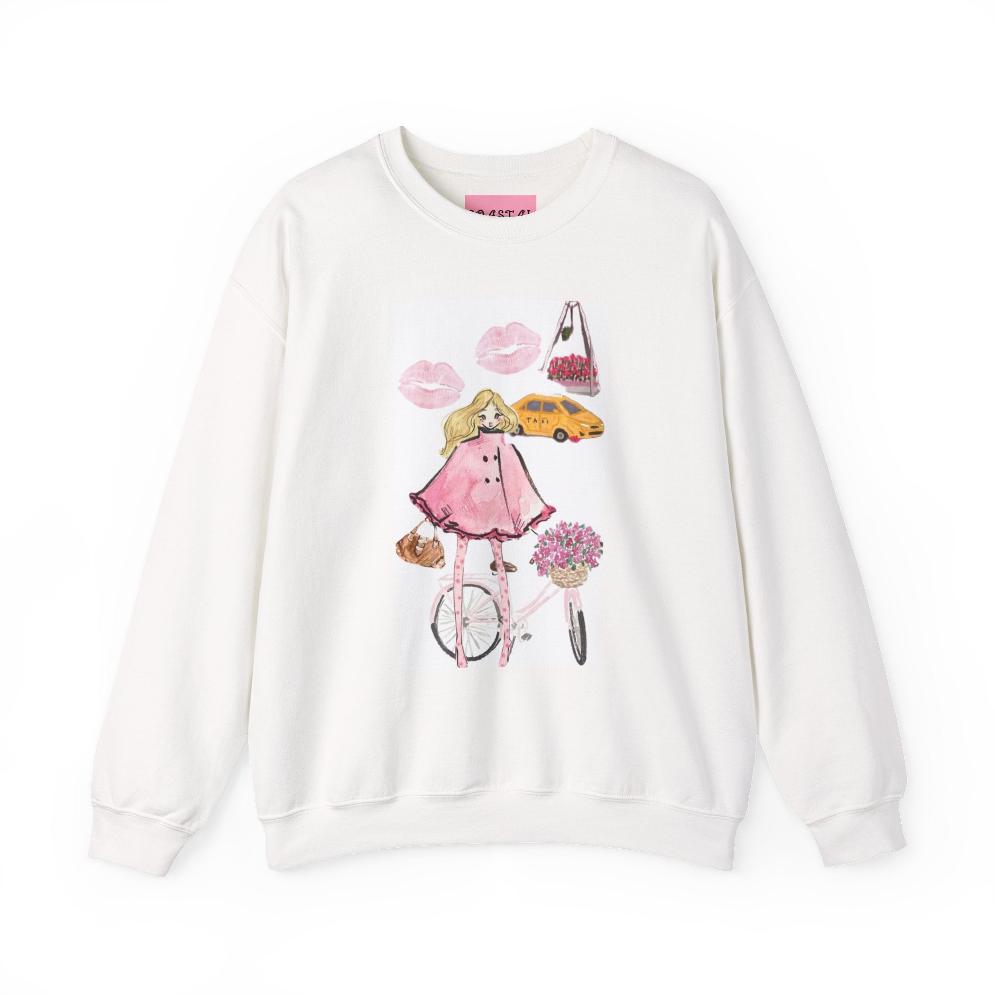 Crewneck Sweatshirt — 'Petals on Park Avenue' Pink Bicycle Floral Graphic