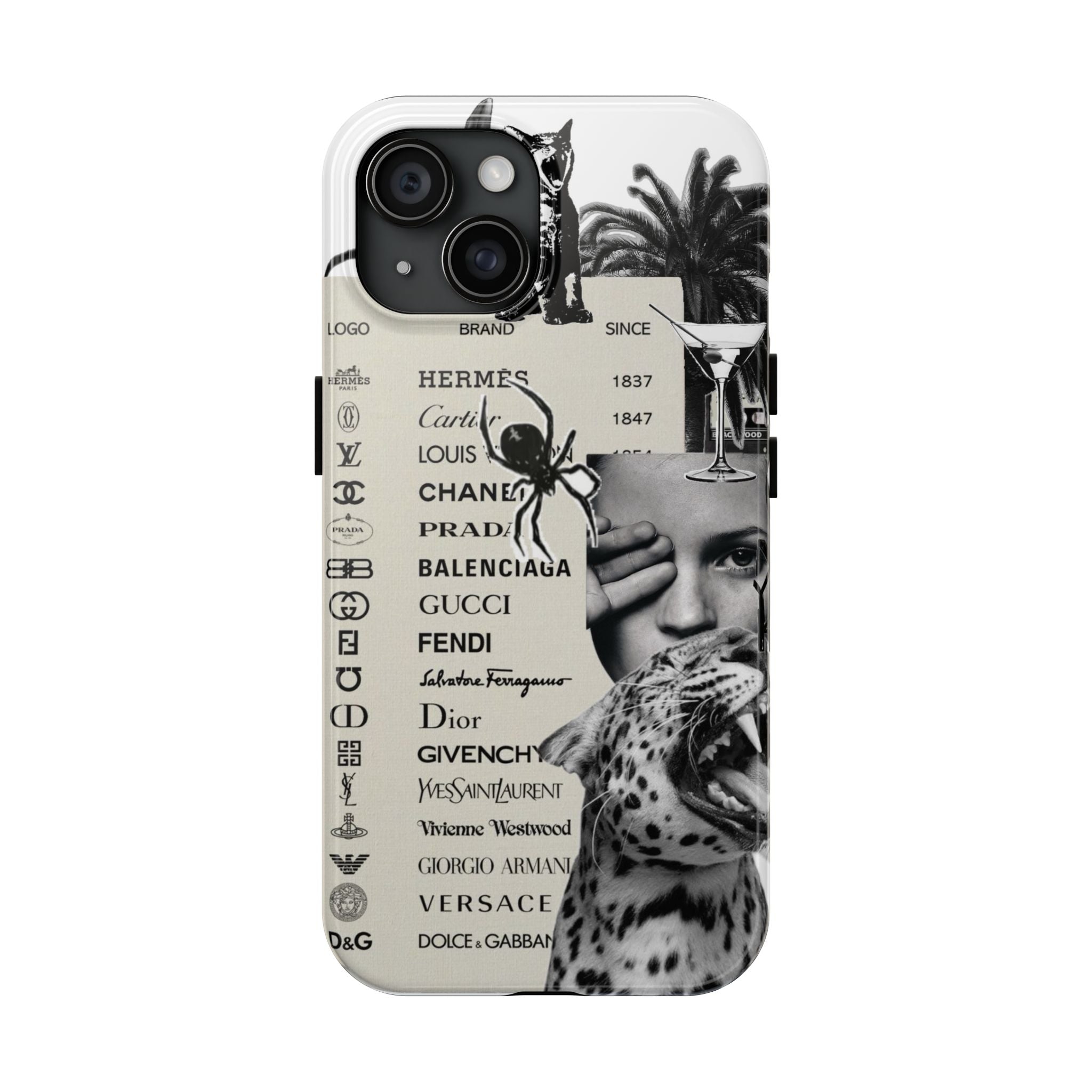 Designer Collage Tough Phone Case — Luxury Logos, Palm Trees & Leopard Art