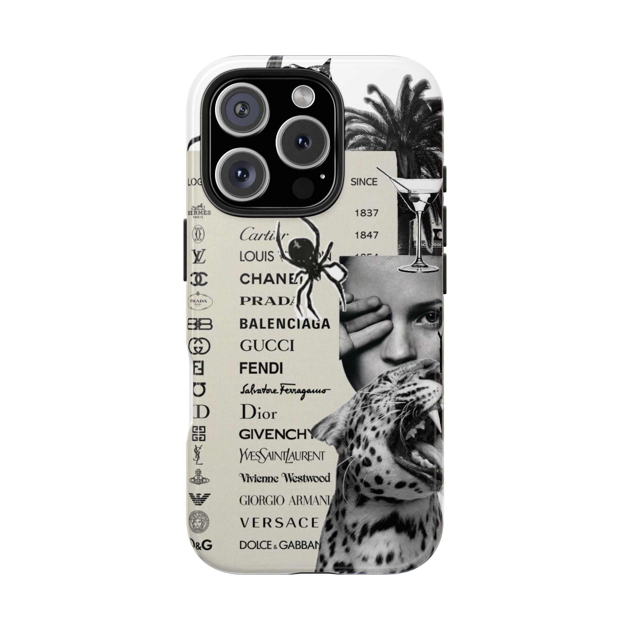 Designer Collage Tough Phone Case — Luxury Logos, Palm Trees & Leopard Art
