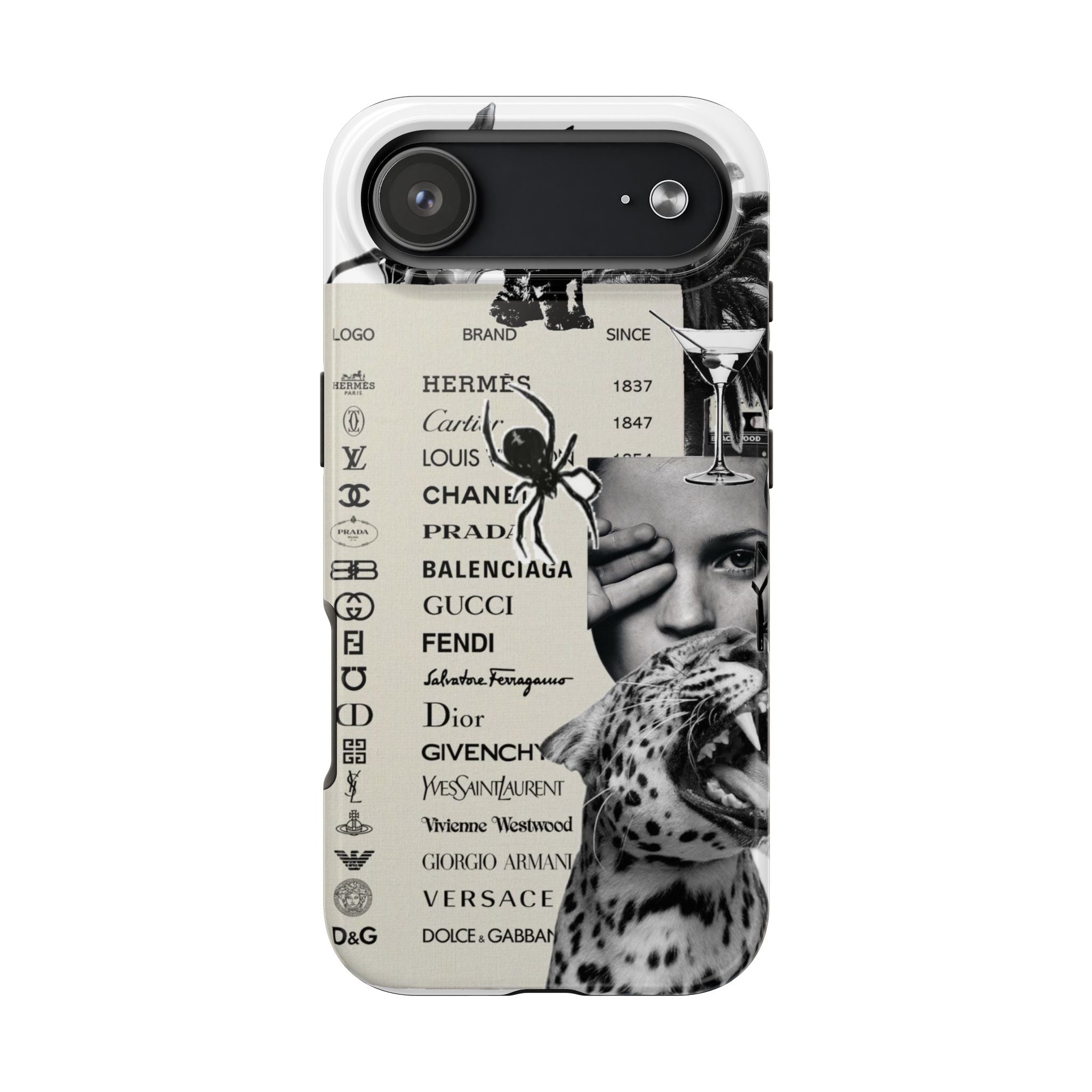 Designer Collage Tough Phone Case — Luxury Logos, Palm Trees & Leopard Art