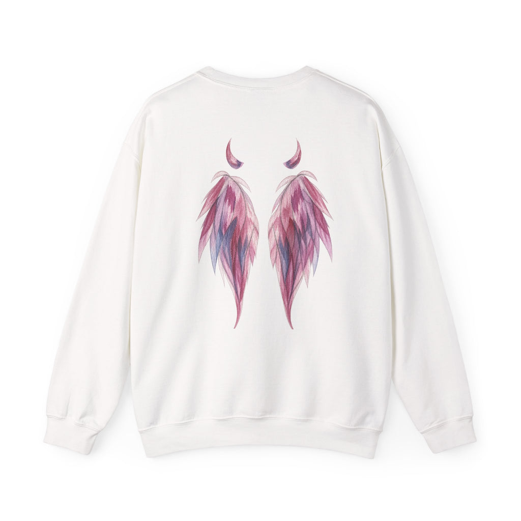 Angel & Fallen Wings Crewneck Sweatshirt – Halo Front, Devil Horns Back