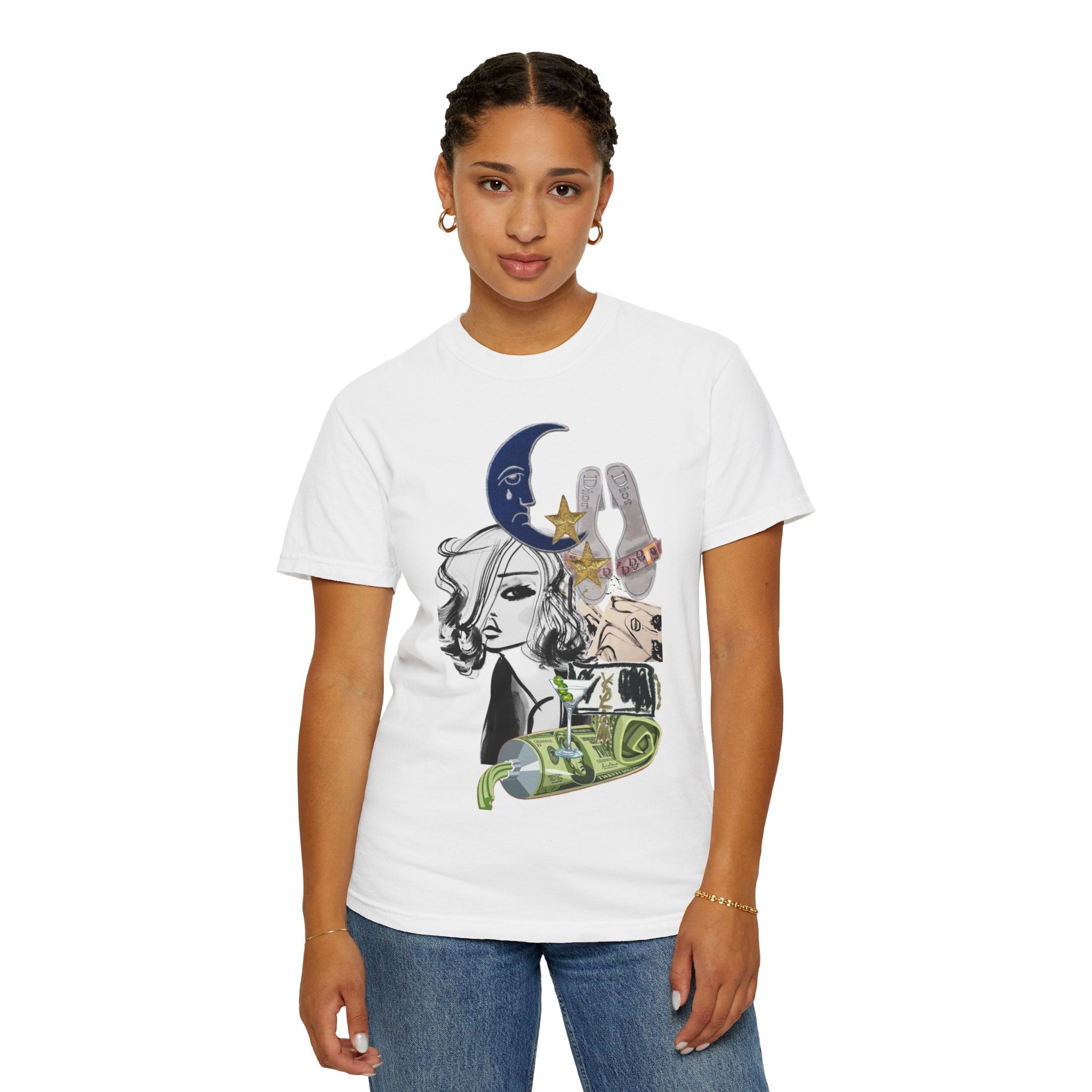 Graphic T-Shirt — Retro Collage Moon, Woman & Money Art Tee