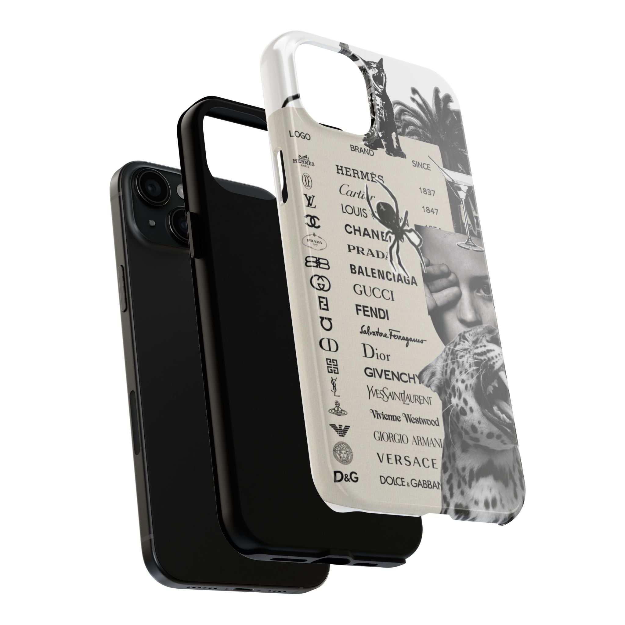 Designer Collage Tough Phone Case — Luxury Logos, Palm Trees & Leopard Art