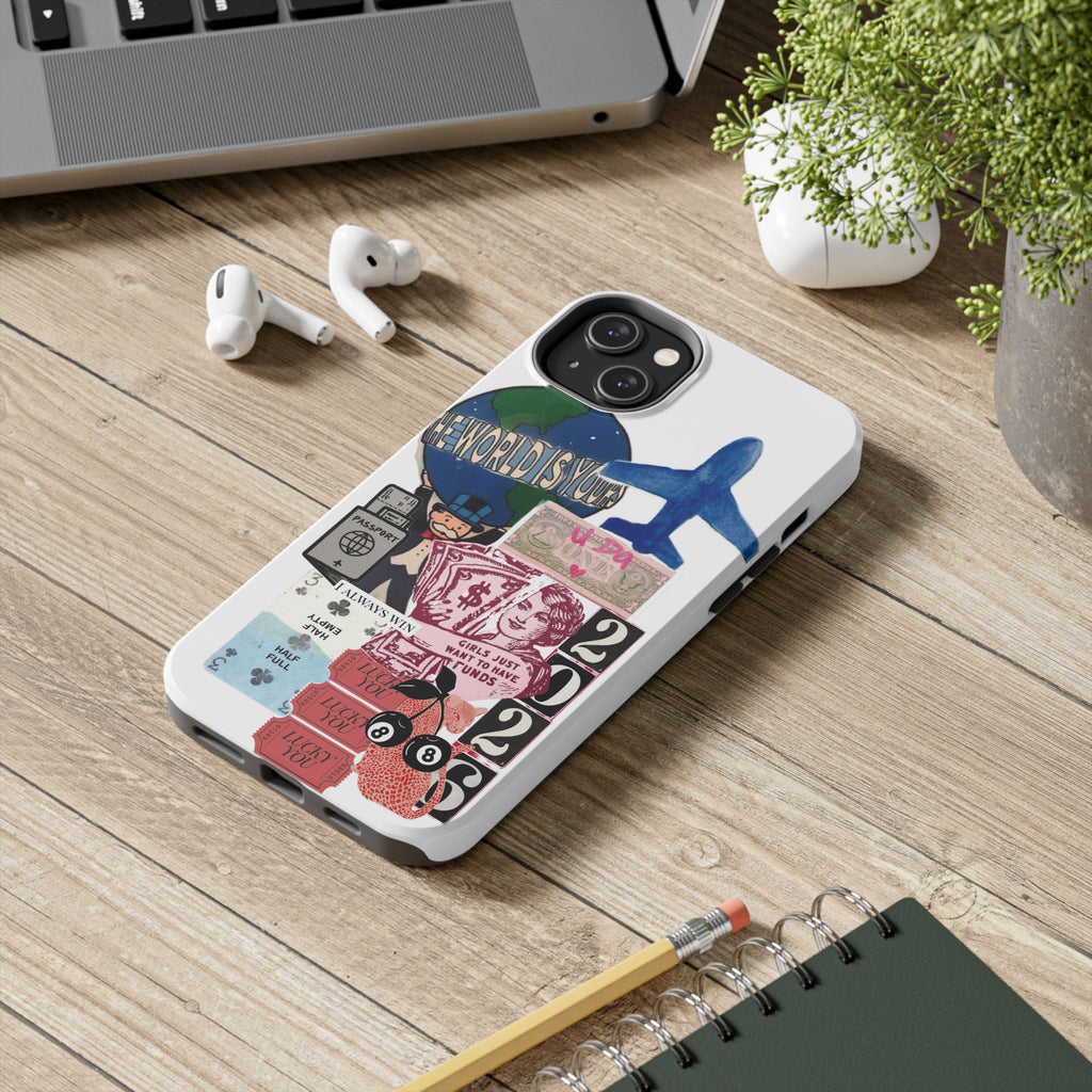 Tough Phone Case — Travel Collage Design with Plane, Passport & 2026 Graphics