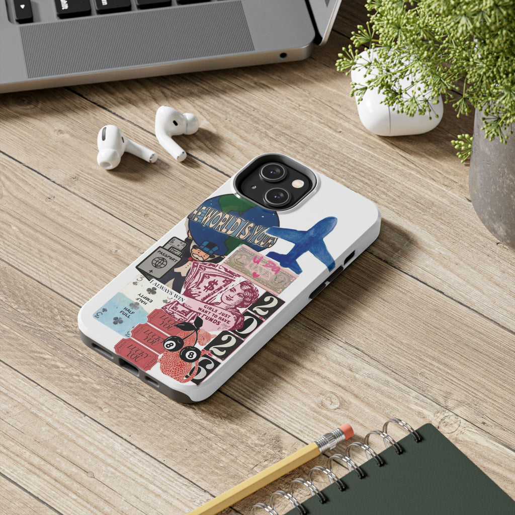 Tough Phone Case — Travel Collage Design with Plane, Passport & 2026 Graphics