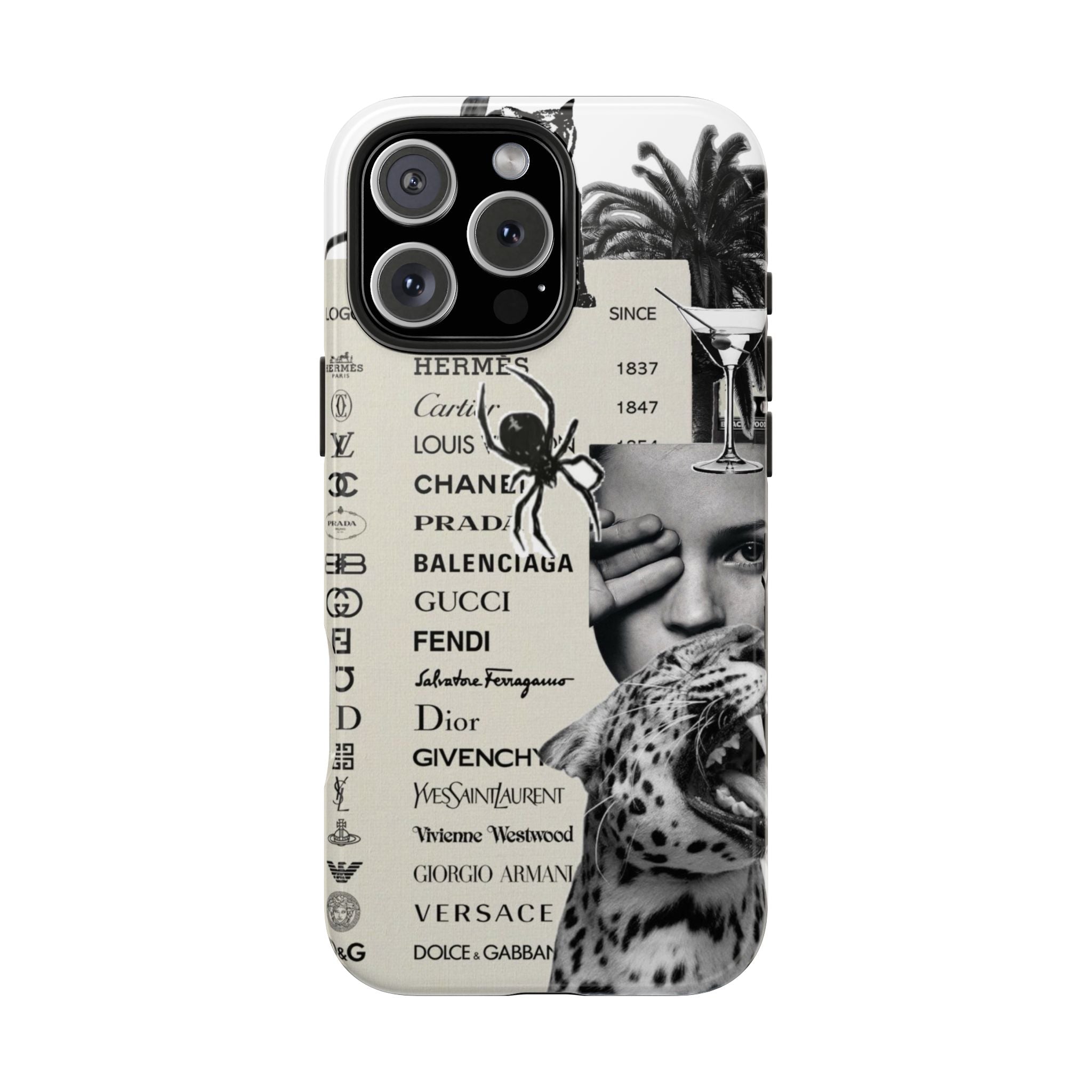 Designer Collage Tough Phone Case — Luxury Logos, Palm Trees & Leopard Art