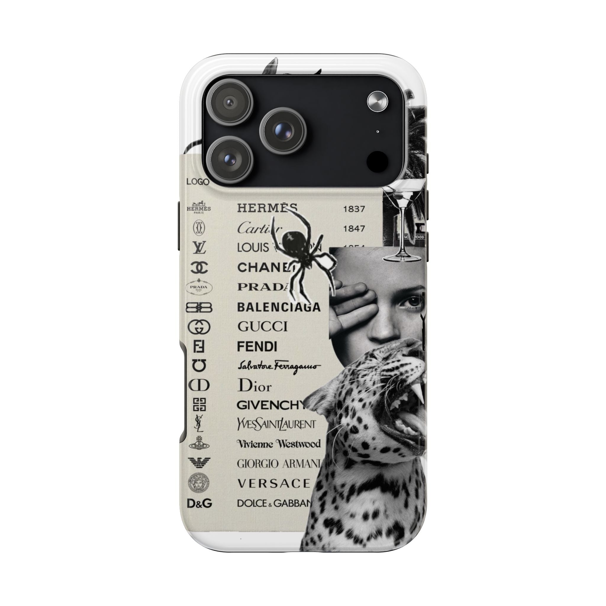 Designer Collage Tough Phone Case — Luxury Logos, Palm Trees & Leopard Art