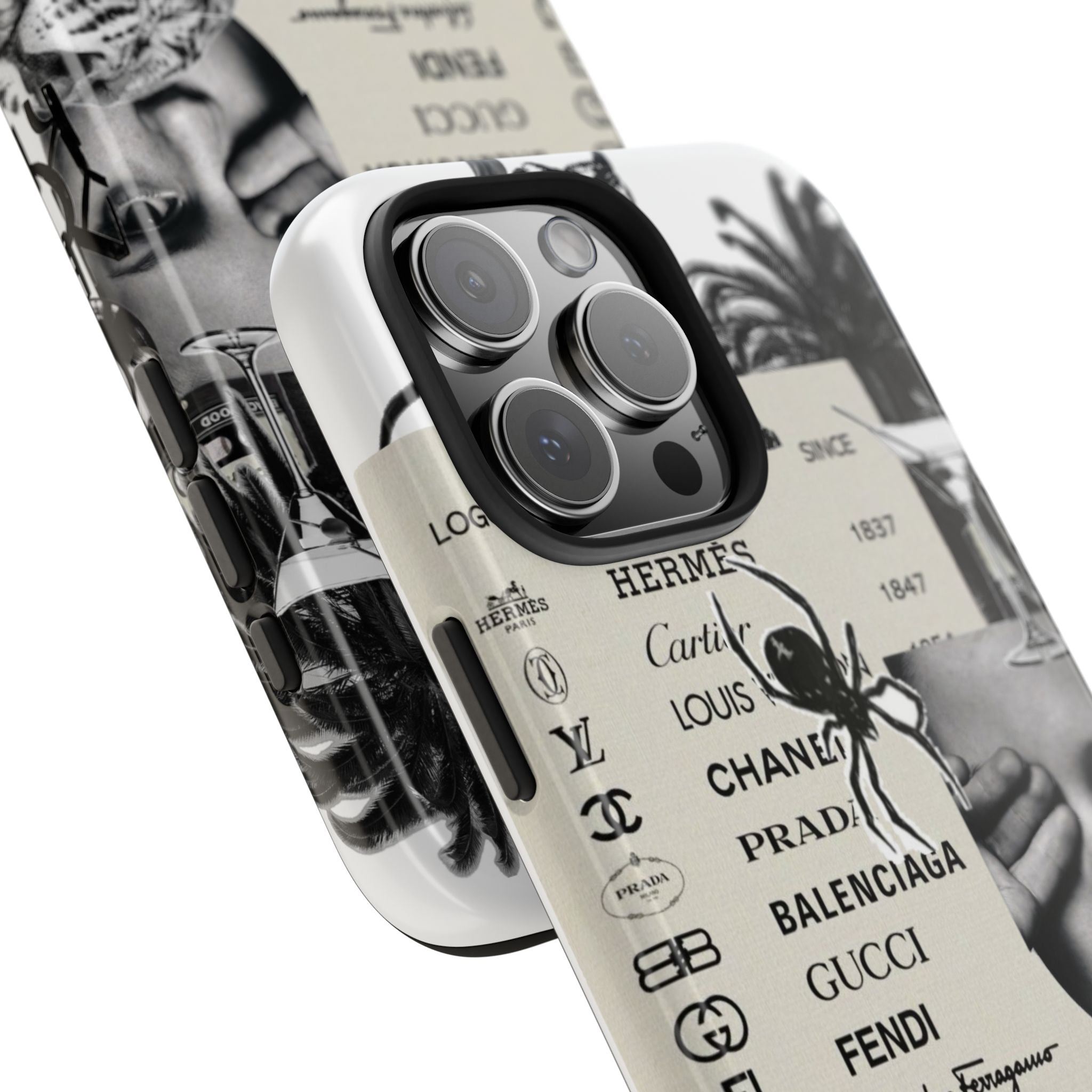 Designer Collage Tough Phone Case — Luxury Logos, Palm Trees & Leopard Art