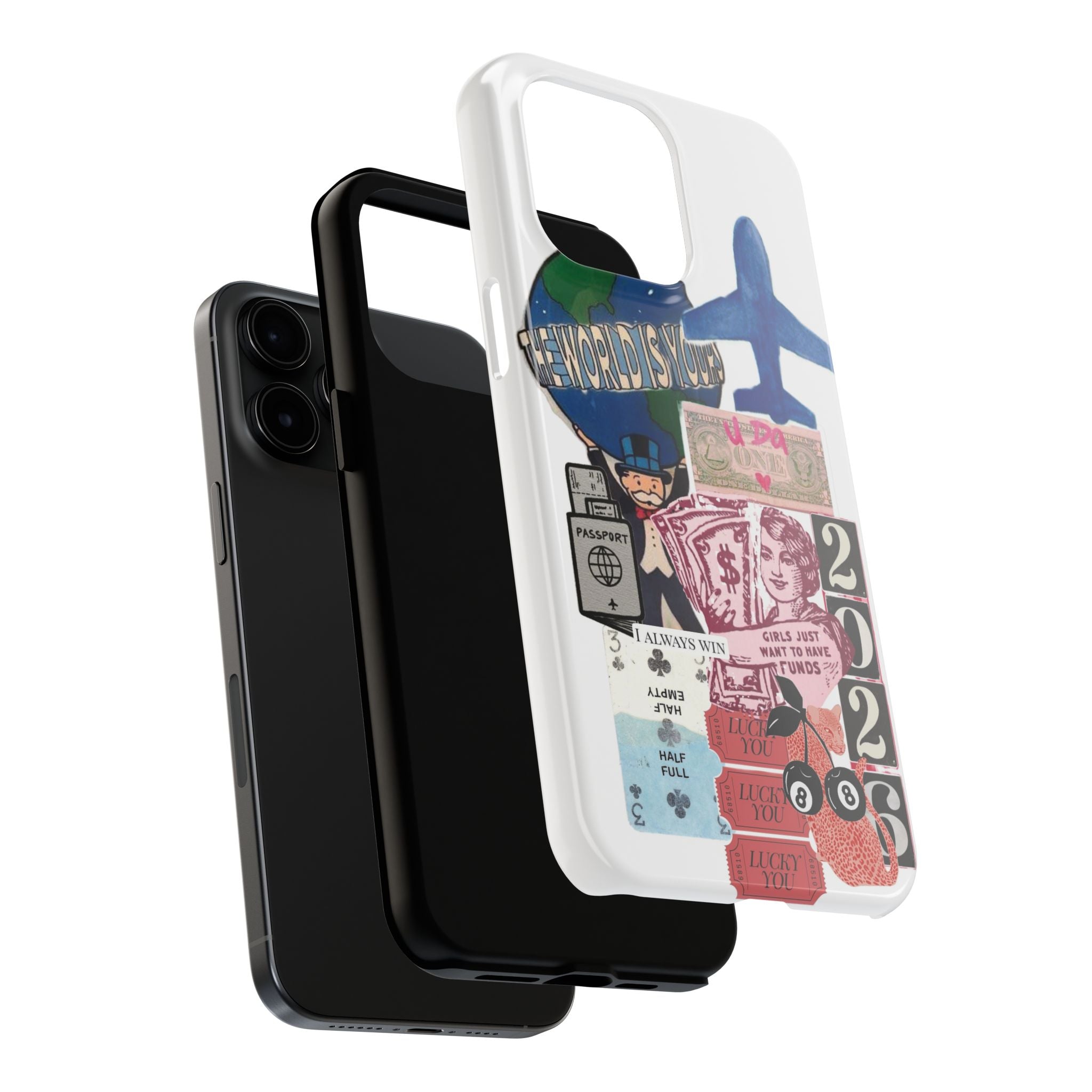 Tough Phone Case — Travel Collage Design with Plane, Passport & 2026 Graphics