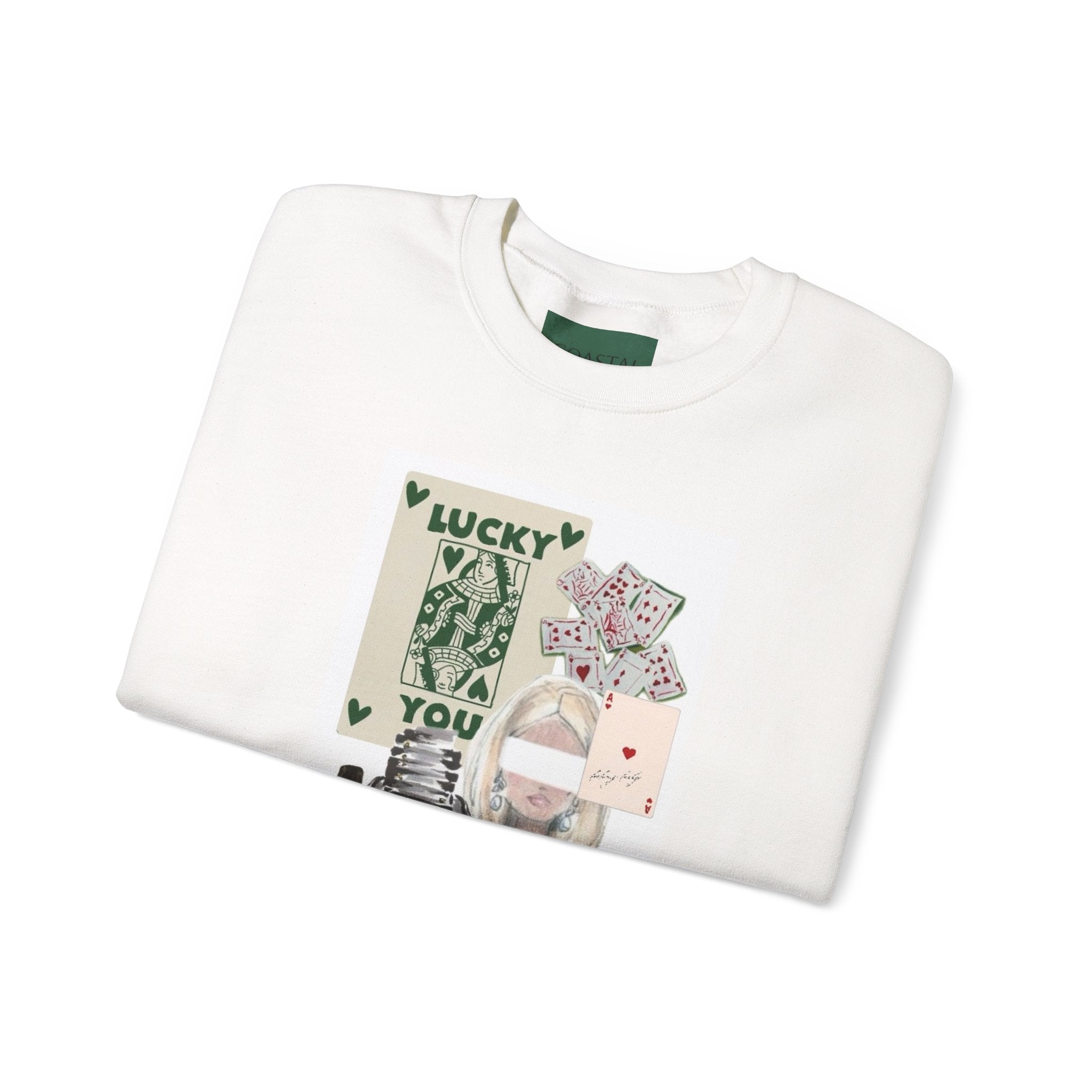 Lucky Me Crewneck Sweatshirt — Feminine Collage Graphic with 'Lucky Me, XOXO' Back