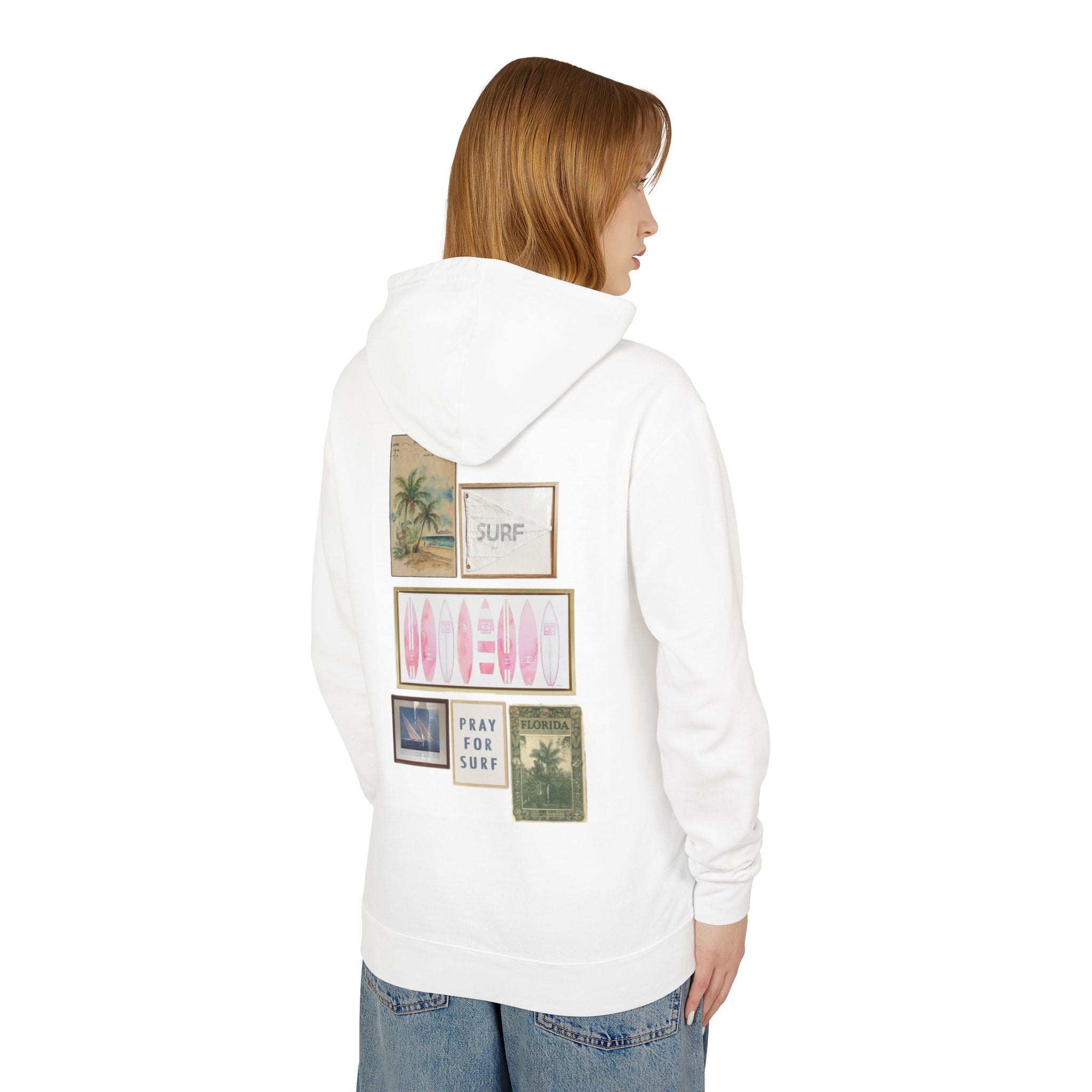 Pray For Surf Collage Hoodie — Pink Surfboards & Vintage Beach Prints