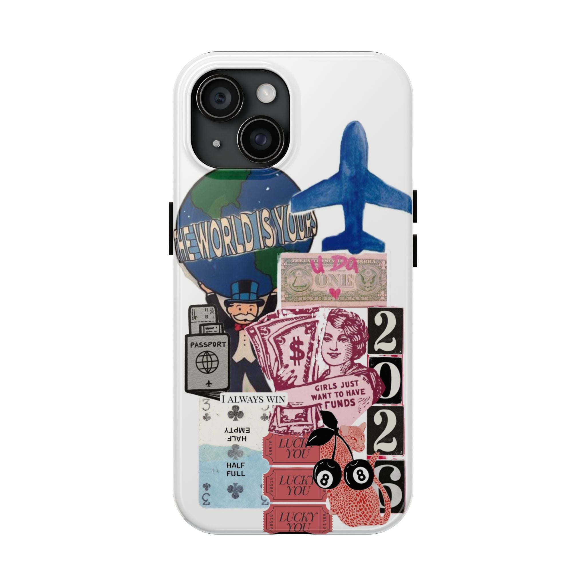 Tough Phone Case — Travel Collage Design with Plane, Passport & 2026 Graphics