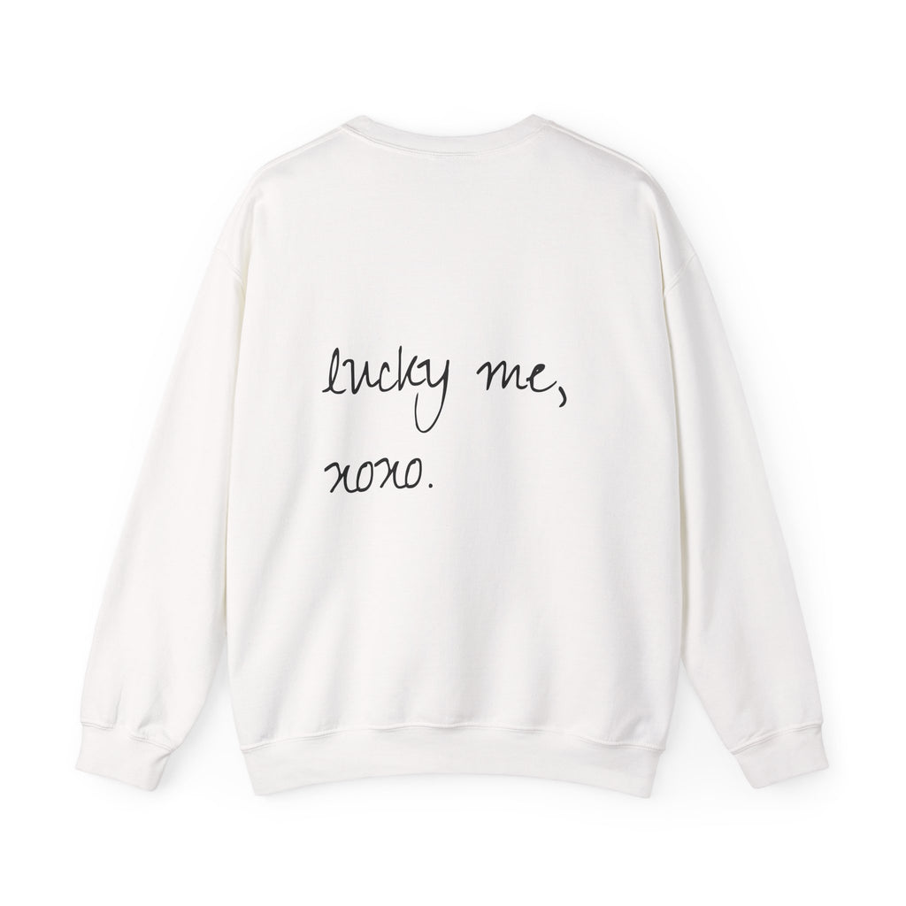 Lucky Me Crewneck Sweatshirt — Feminine Collage Graphic with 'Lucky Me, XOXO' Back