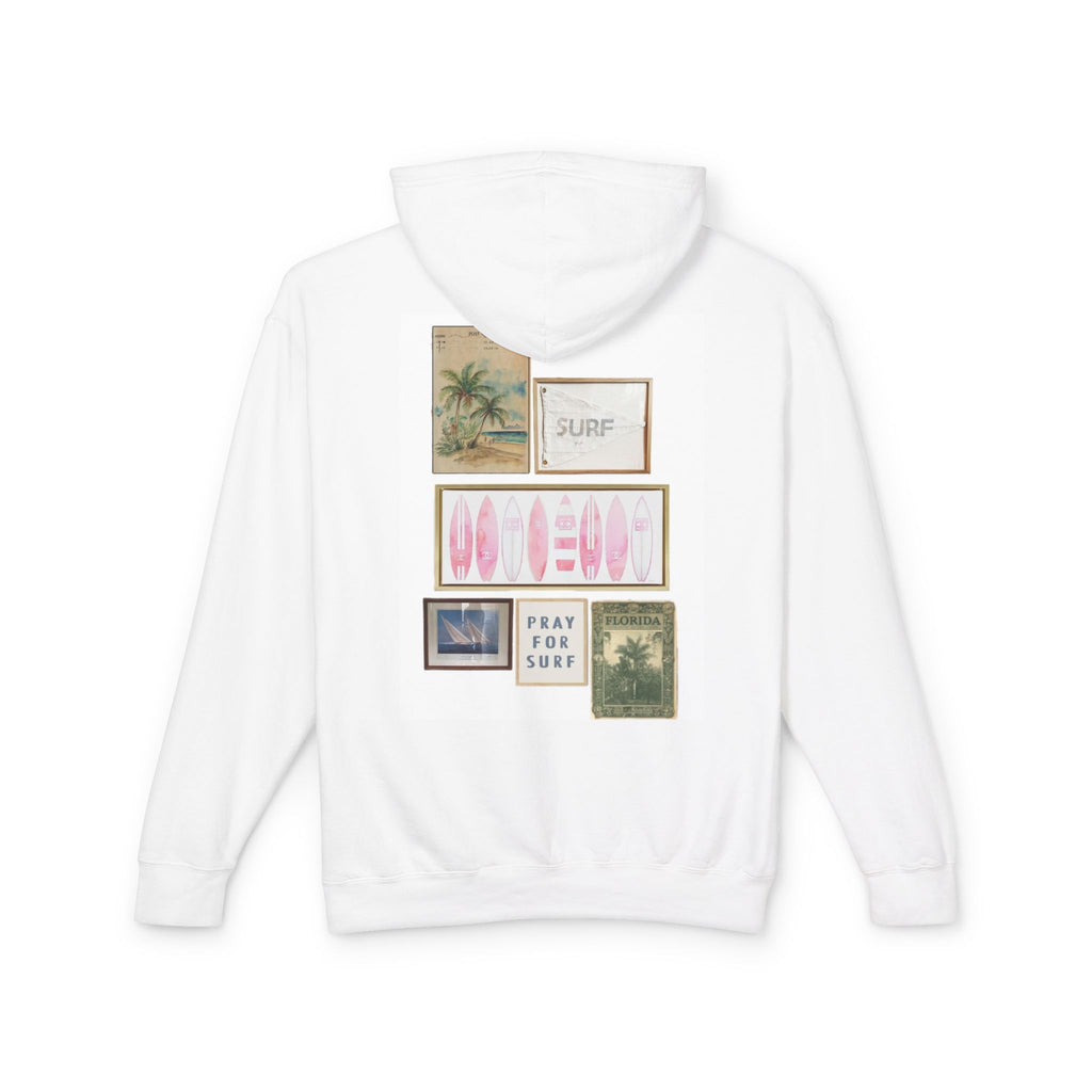 Pray For Surf Collage Hoodie — Pink Surfboards & Vintage Beach Prints