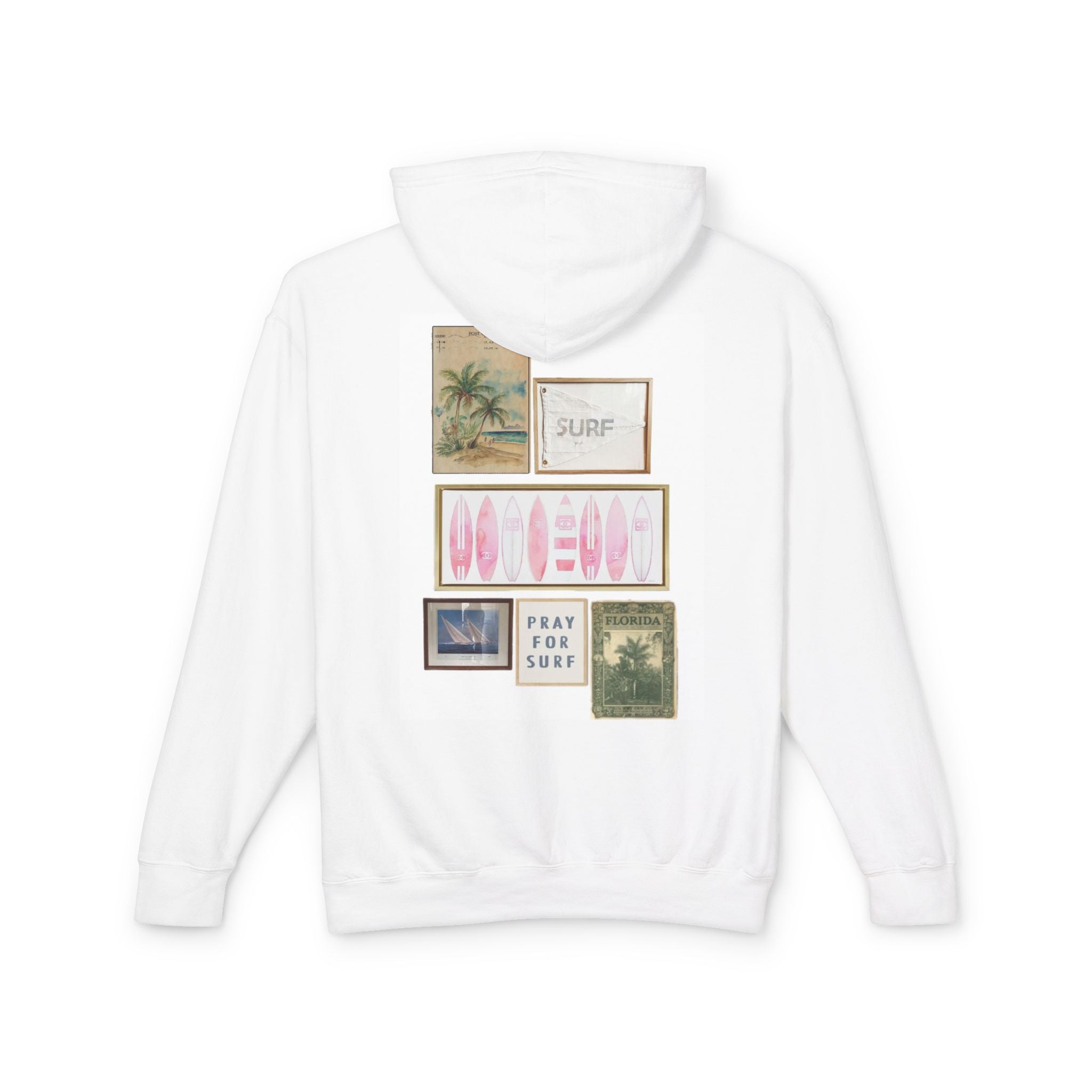 Pray For Surf Collage Hoodie — Pink Surfboards & Vintage Beach Prints