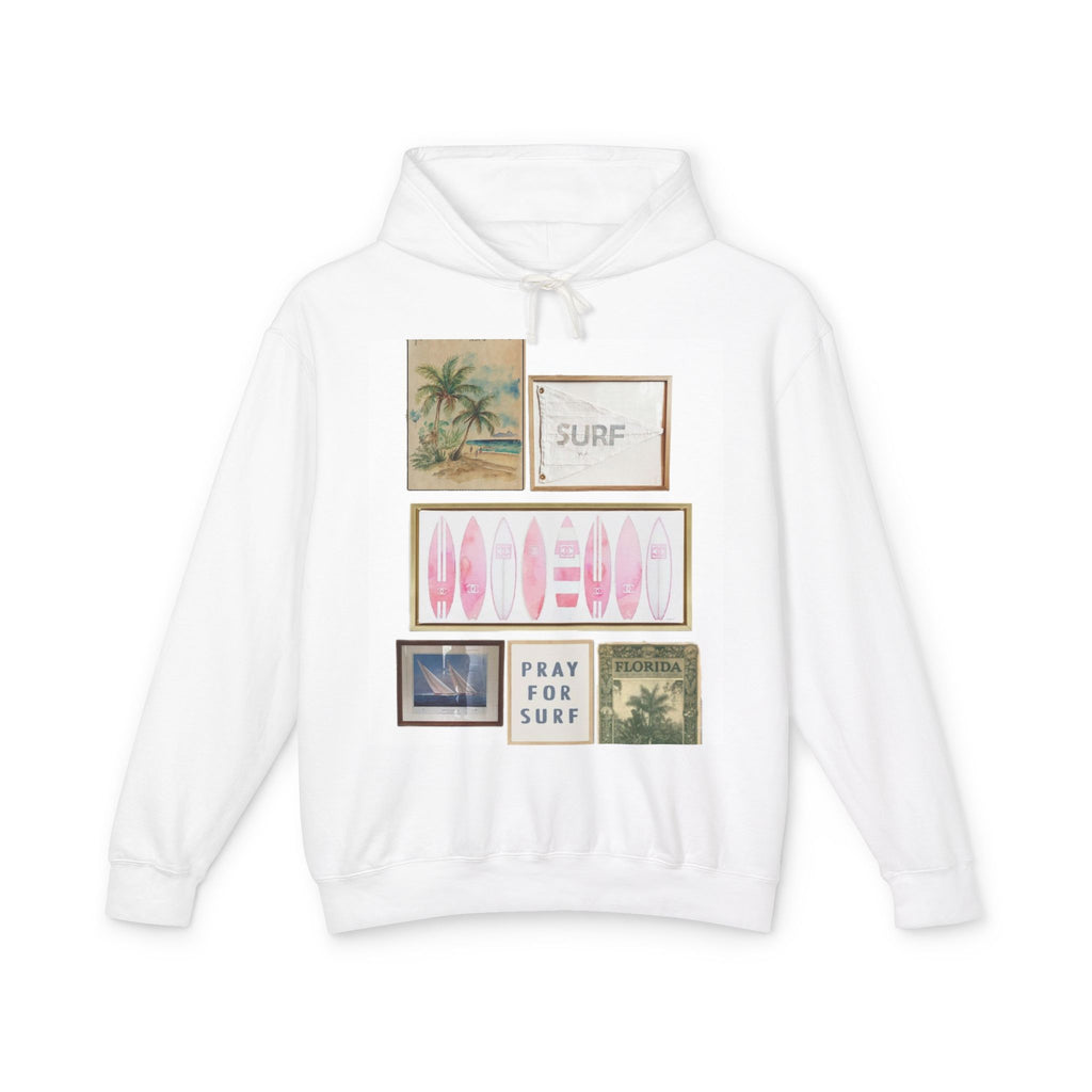 Pray For Surf Collage Hoodie — Pink Surfboards & Vintage Beach Prints