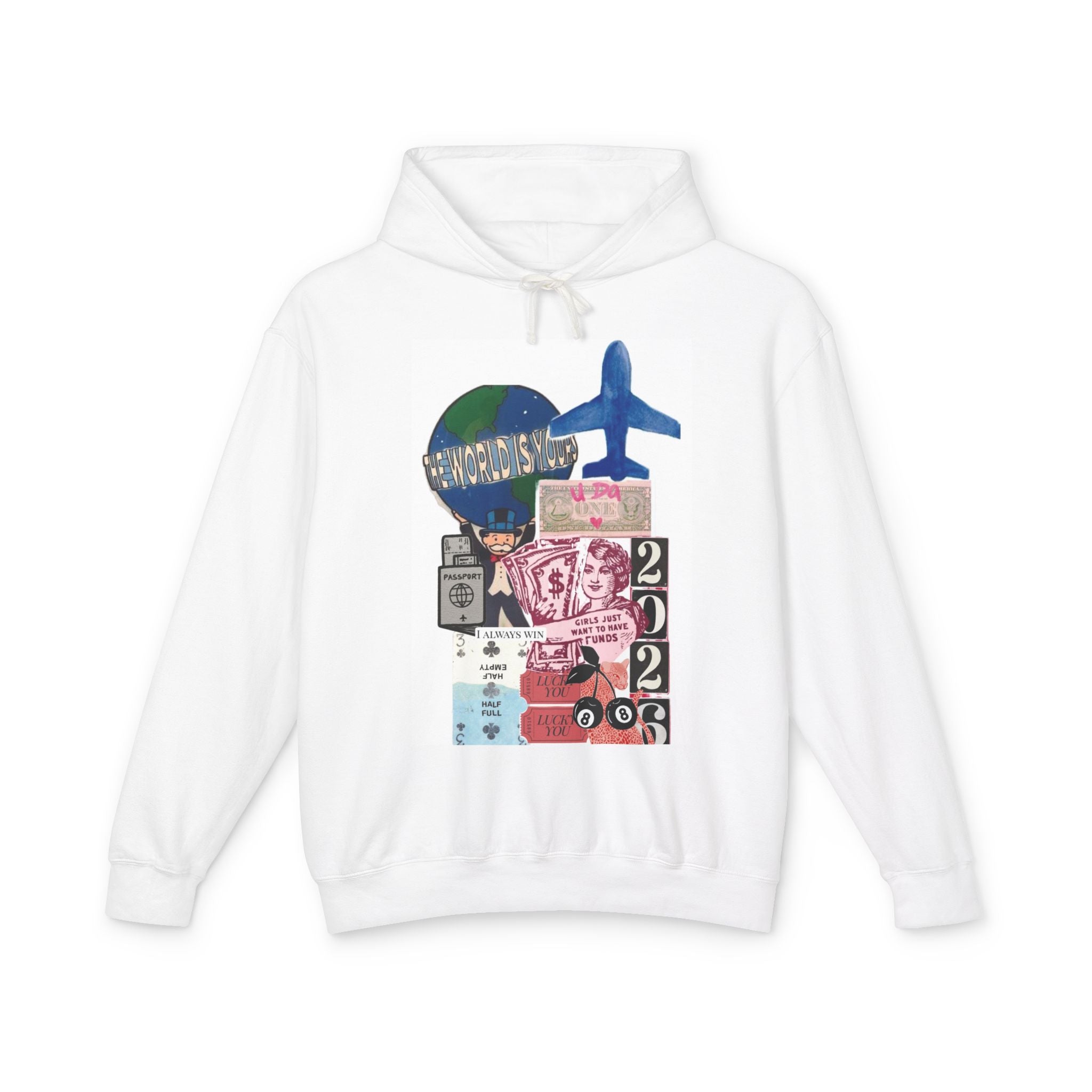 Travel Collage Hoodie — Retro Passport, Plane & 202? Graphic Sweatshirt