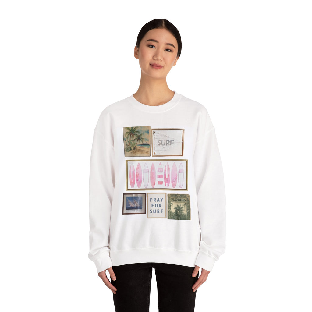 Pray For Surf Collage Crewneck Sweatshirt — Vintage Beach Surfboard Prints