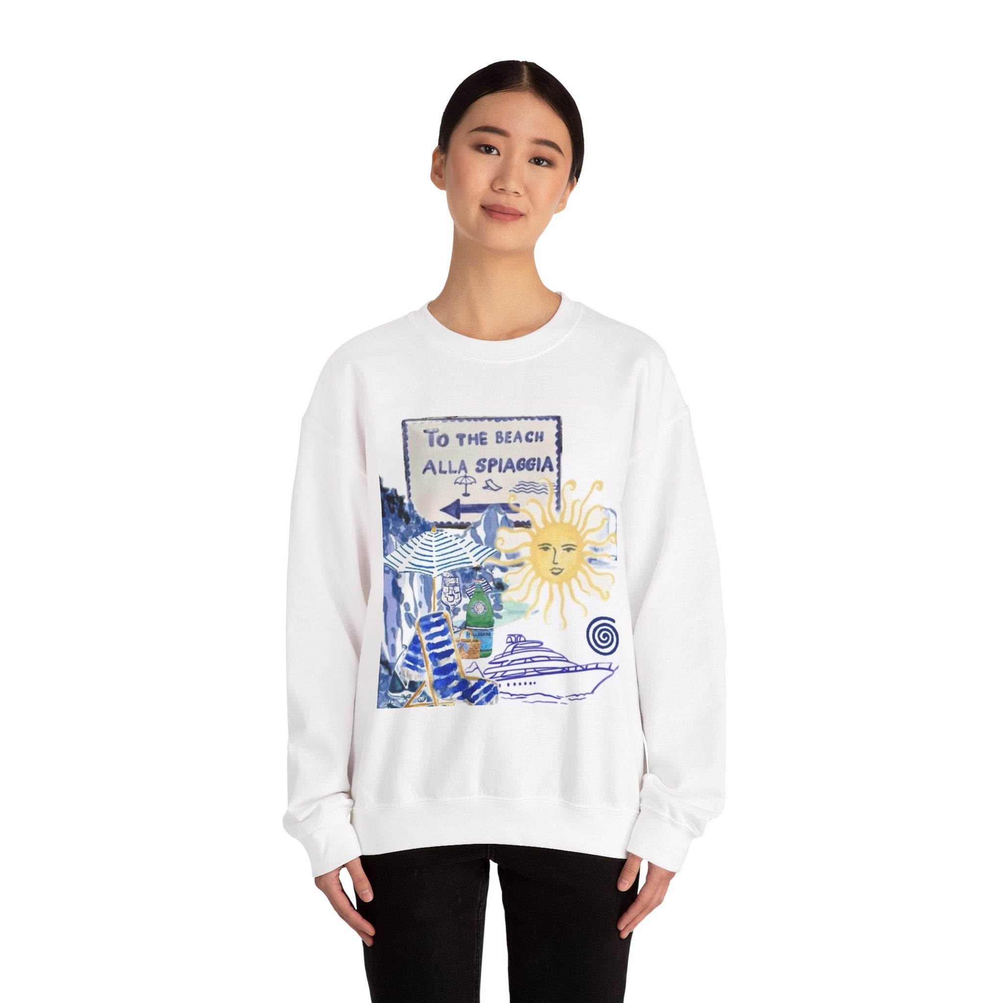 Beach Road Crewneck Sweatshirt — 'To the Beach / Alla Spiaggia' Vintage Sun Graphic