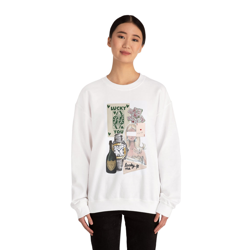 Lucky Me Crewneck Sweatshirt — Feminine Collage Graphic with 'Lucky Me, XOXO' Back