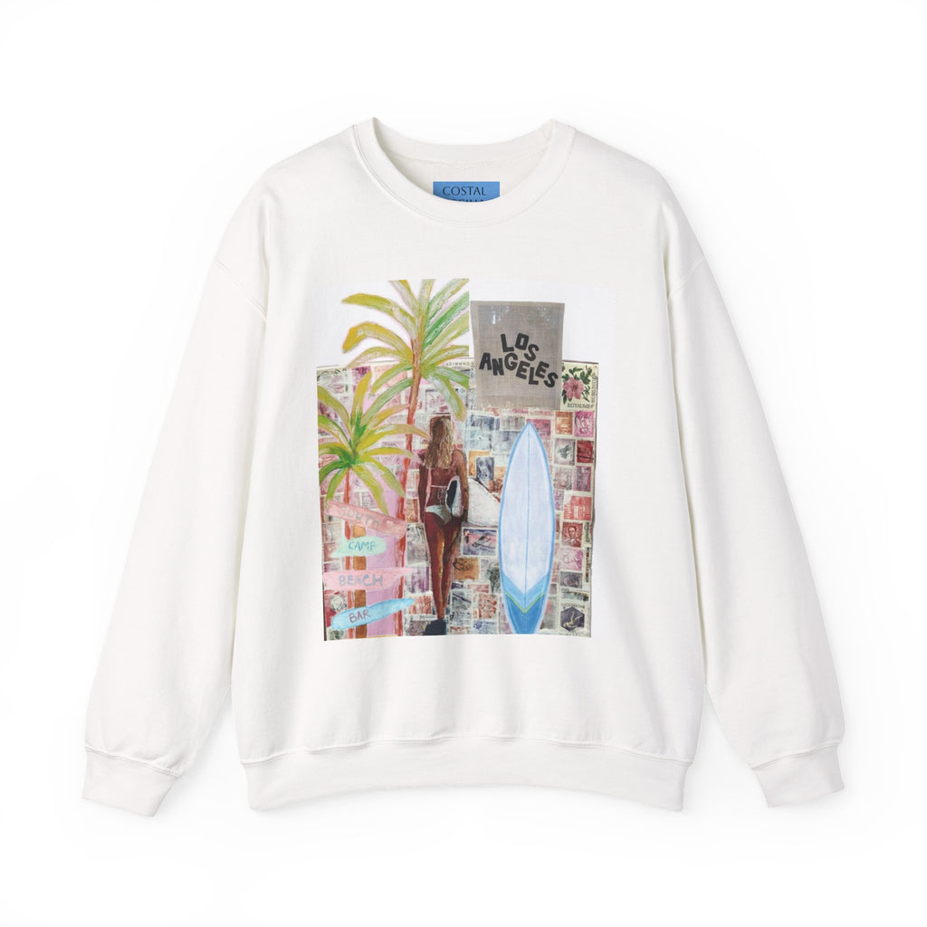 Los Angeles Surf Crewneck Sweatshirt — Palm Tree & Surfboard Graphic