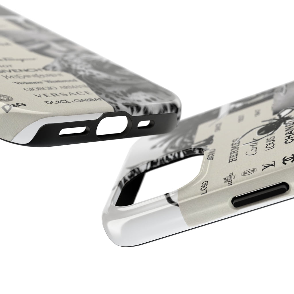Designer Collage Tough Phone Case — Luxury Logos, Palm Trees & Leopard Art