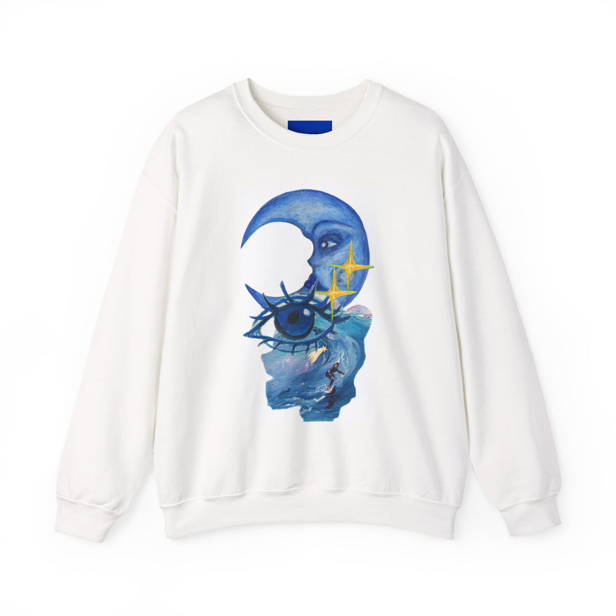 Moon Eye Crewneck Sweatshirt — Surreal Blue Moon & Eye Graphic