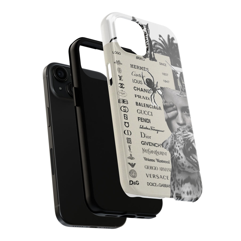 Designer Collage Tough Phone Case — Luxury Logos, Palm Trees & Leopard Art