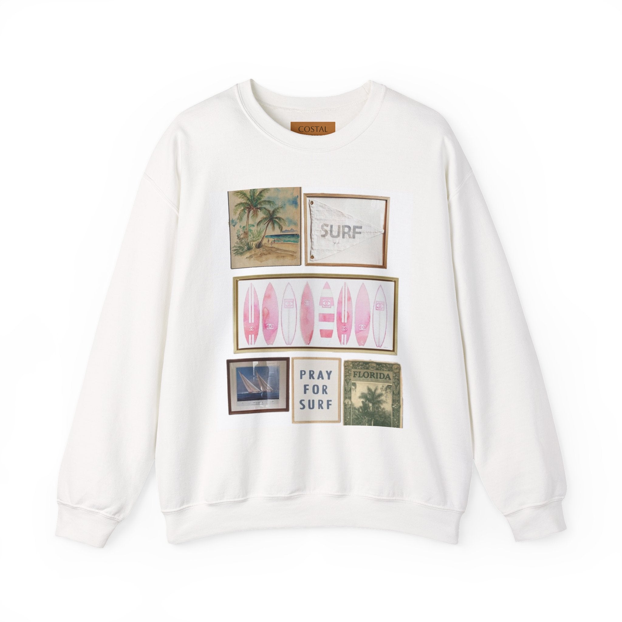 Pray For Surf Collage Crewneck Sweatshirt — Vintage Beach Surfboard Prints