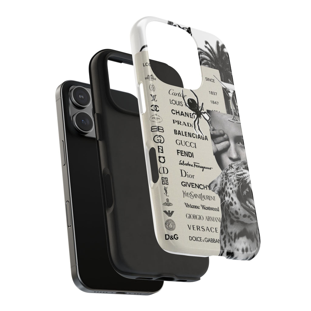 Designer Collage Tough Phone Case — Luxury Logos, Palm Trees & Leopard Art