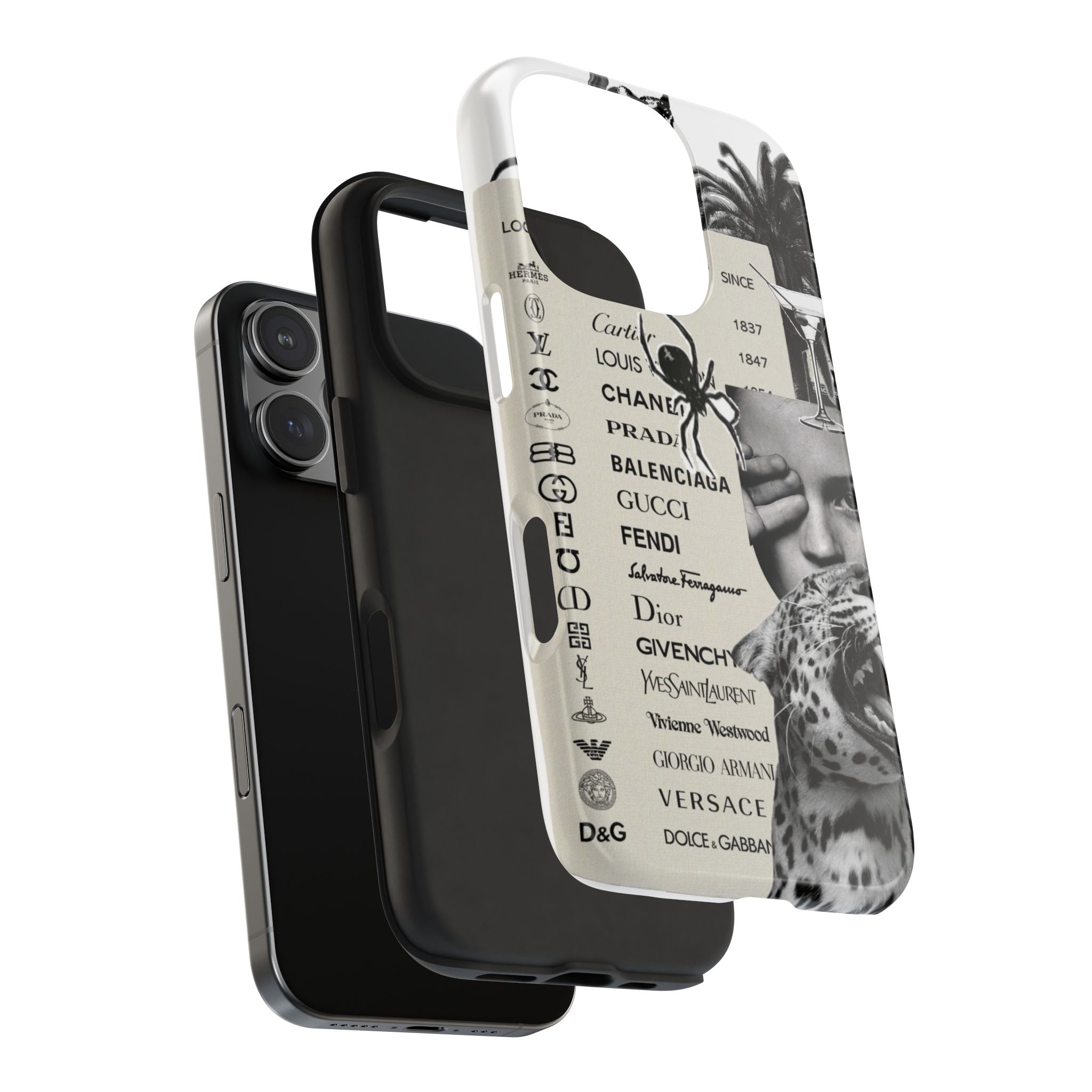Designer Collage Tough Phone Case — Luxury Logos, Palm Trees & Leopard Art
