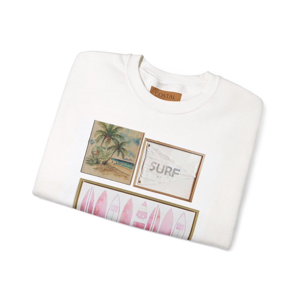 Pray For Surf Collage Crewneck Sweatshirt — Vintage Beach Surfboard Prints