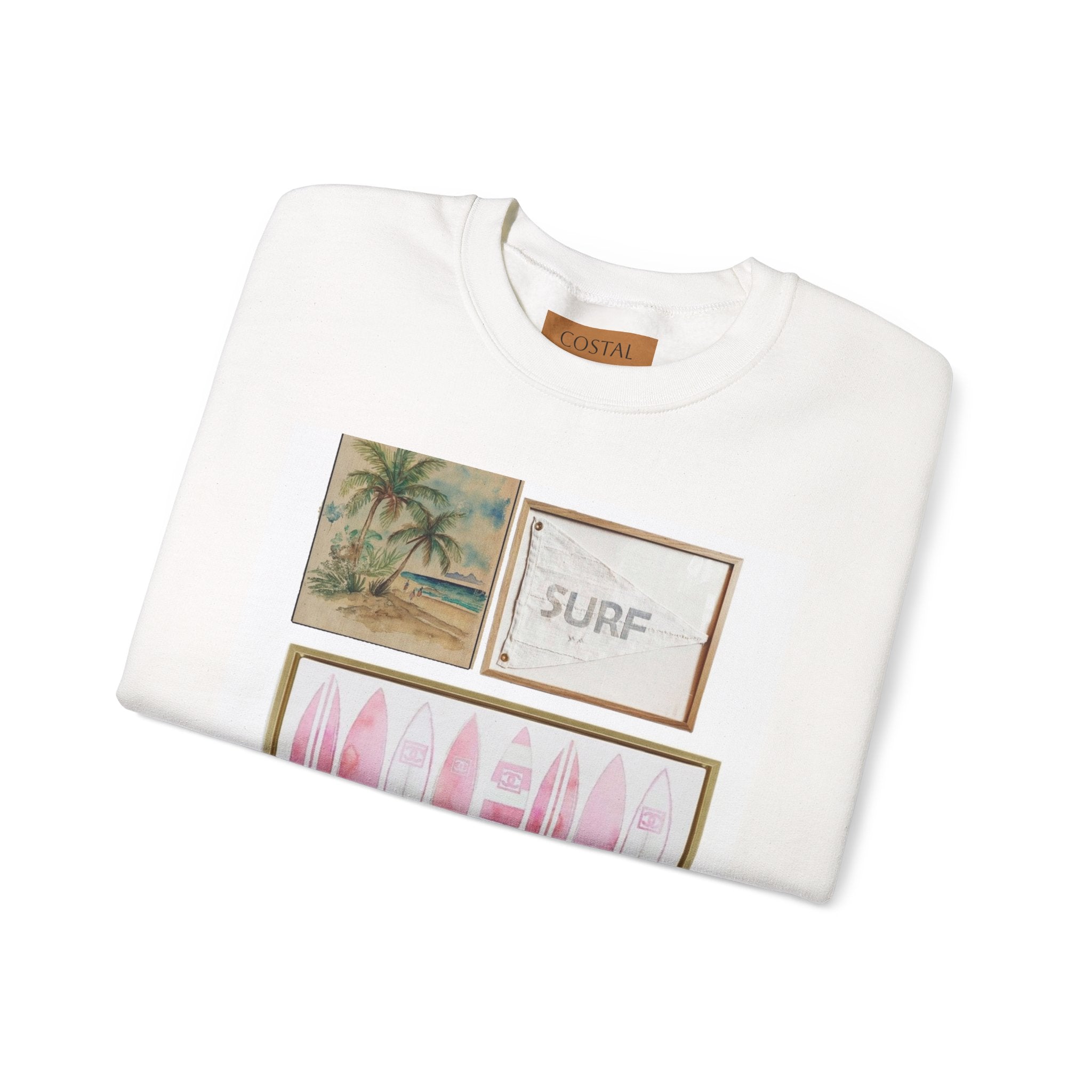 Pray For Surf Collage Crewneck Sweatshirt — Vintage Beach Surfboard Prints