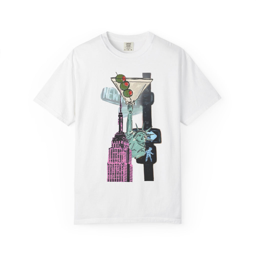New York Cocktail Graphic T-Shirt — Statue of Liberty & Empire State Design