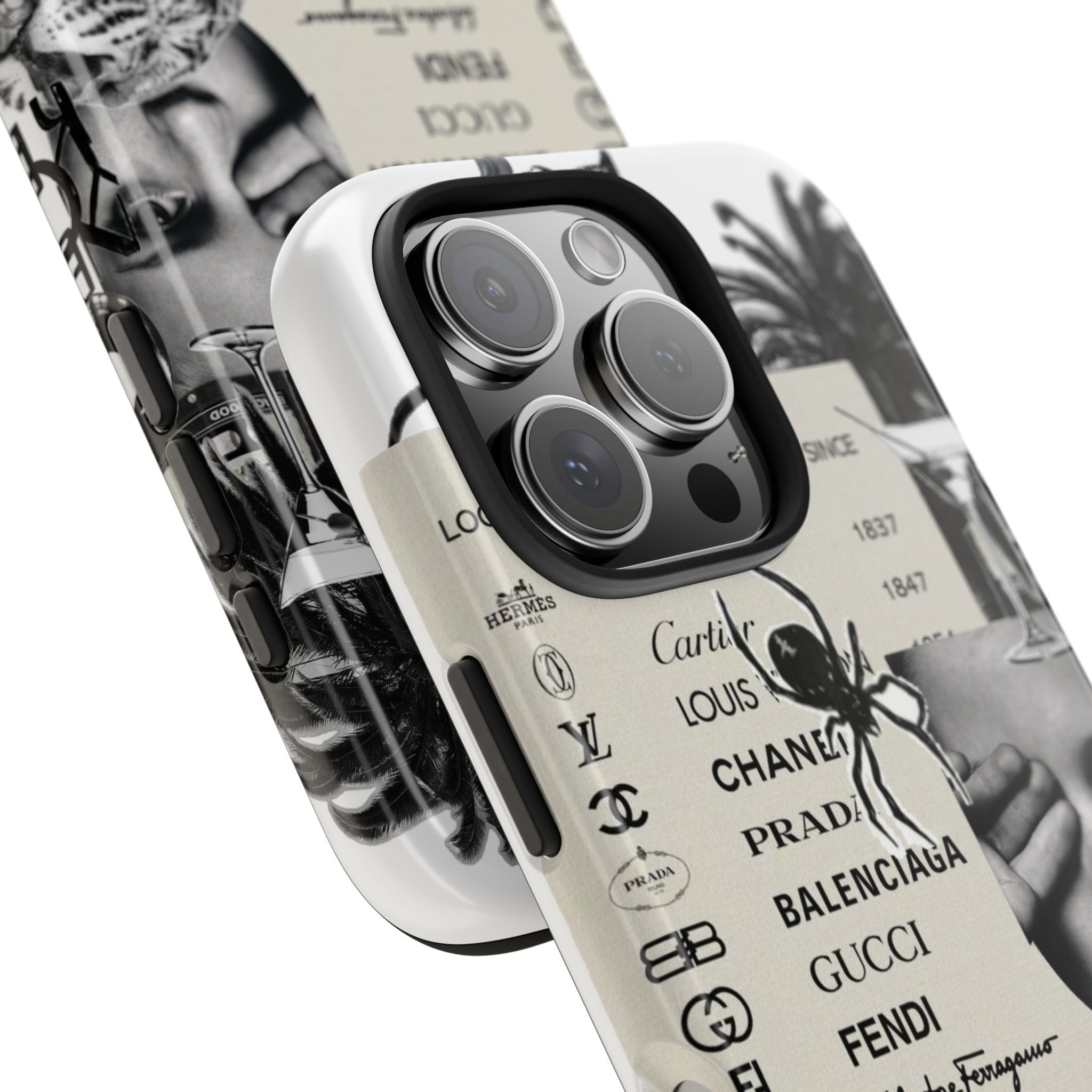 Designer Collage Tough Phone Case — Luxury Logos, Palm Trees & Leopard Art