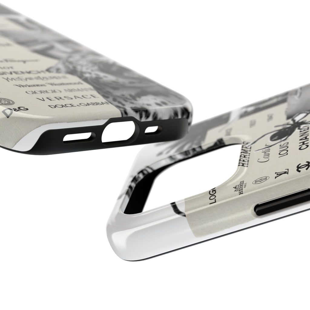 Designer Collage Tough Phone Case — Luxury Logos, Palm Trees & Leopard Art