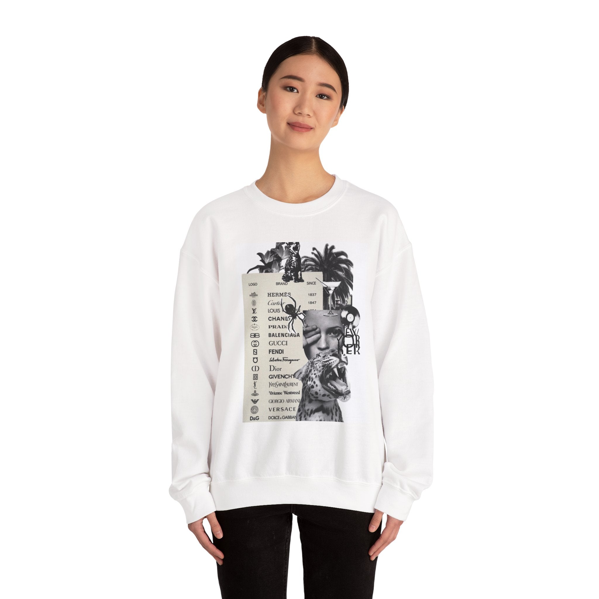 Collage Fashion Crewneck Sweatshirt — Vintage Brand Logos & Palm Photo Graphic