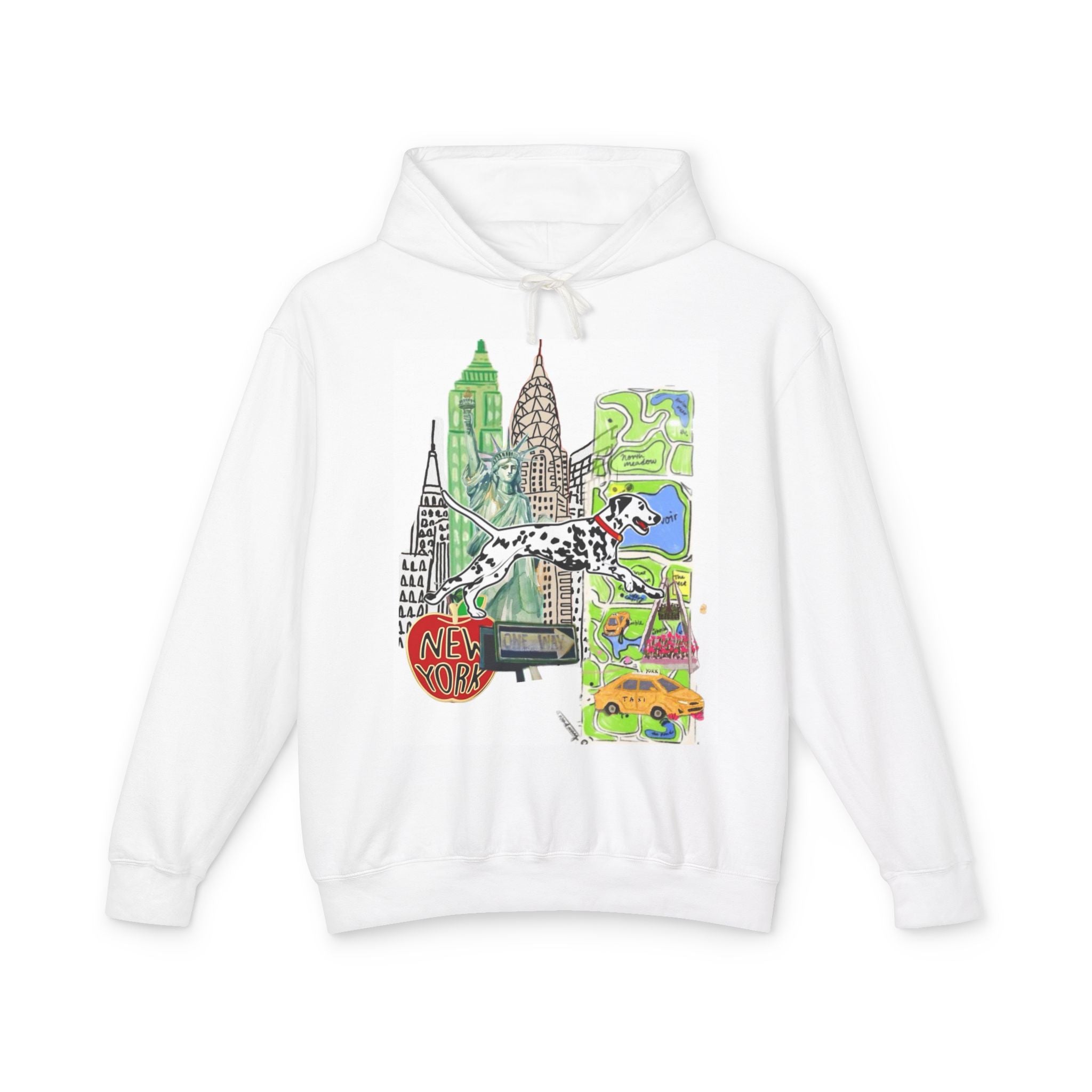 New York Collage Hoodie — Dalmatians & City Landmarks Graphic Sweatshirt