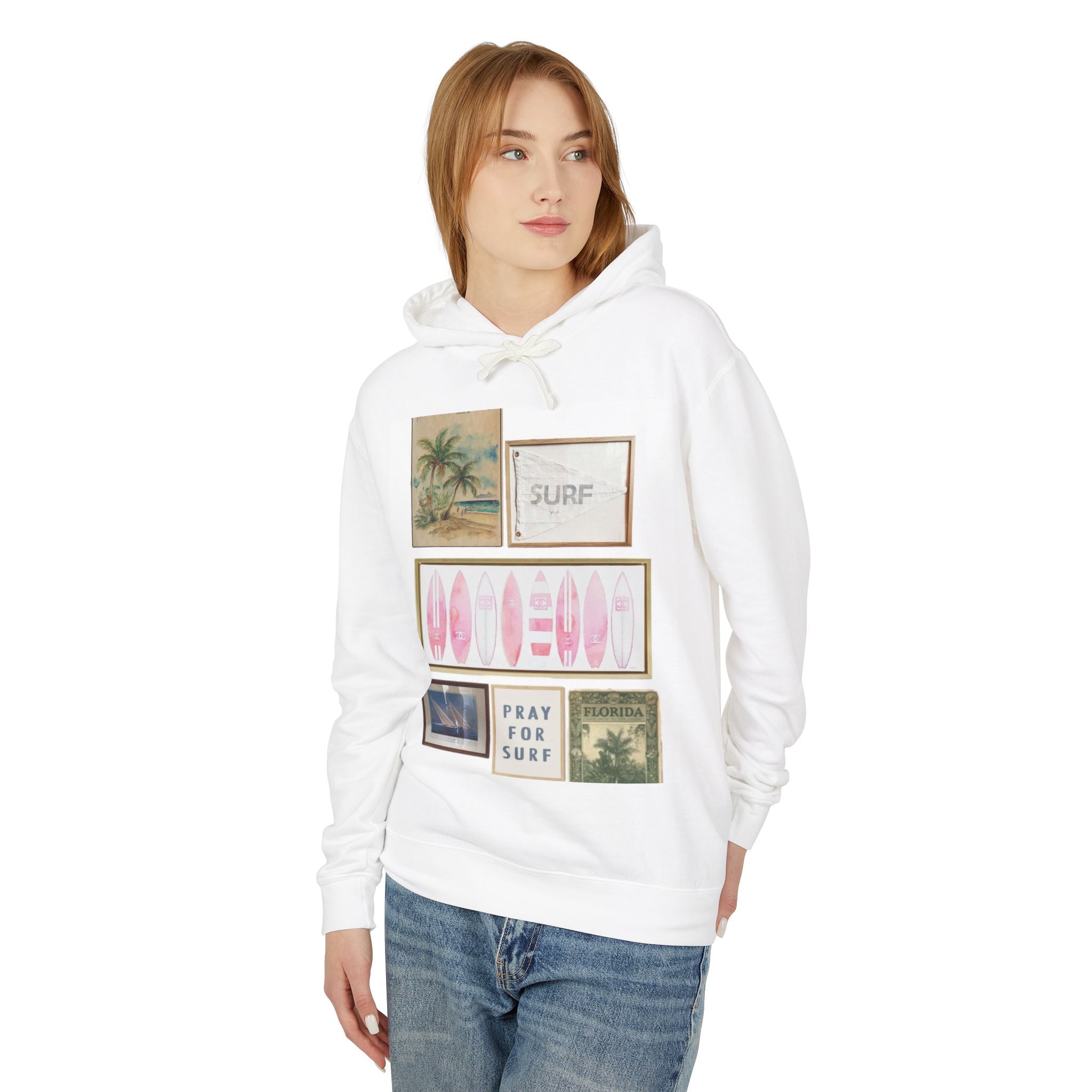 Pray For Surf Collage Hoodie — Pink Surfboards & Vintage Beach Prints