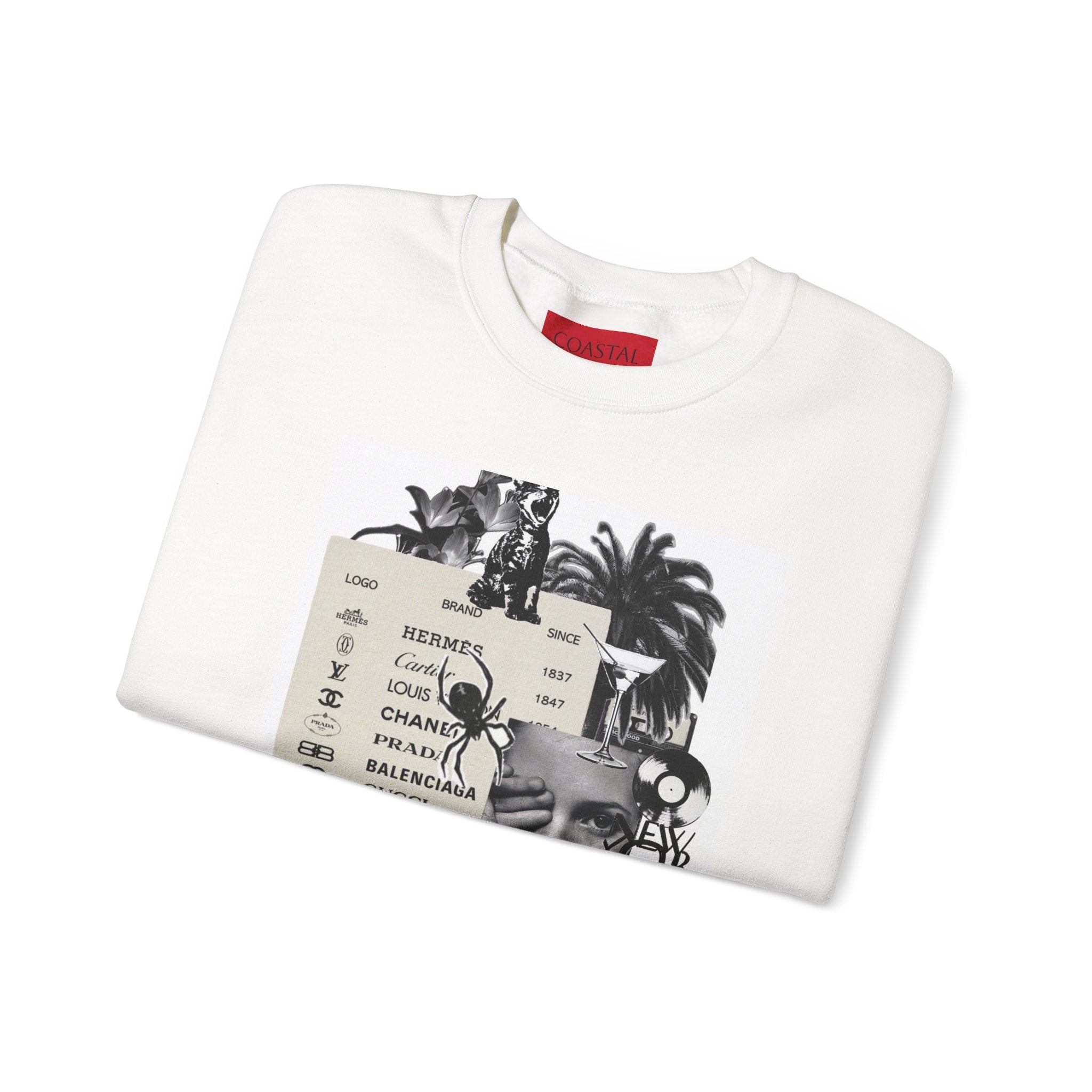Collage Fashion Crewneck Sweatshirt — Vintage Brand Logos & Palm Photo Graphic