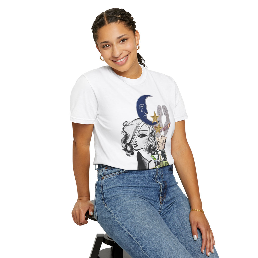 Graphic T-Shirt — Retro Collage Moon, Woman & Money Art Tee
